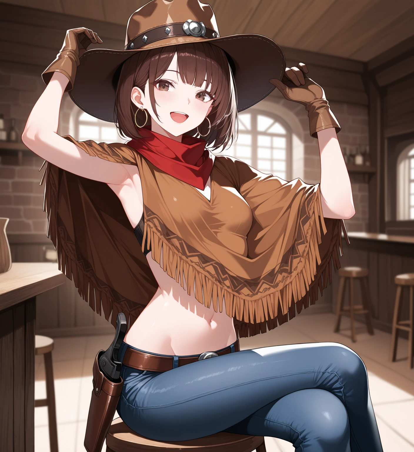10th Generation,A beautiful woman,Beautiful breasts,Moe,Succubus,bat wings on the back,,Cow horns on the side of the head,No bra,Nipples,Pushing her bikini top aside,Cowhide jacket,No underwear,vagina,Ten-gallon hat