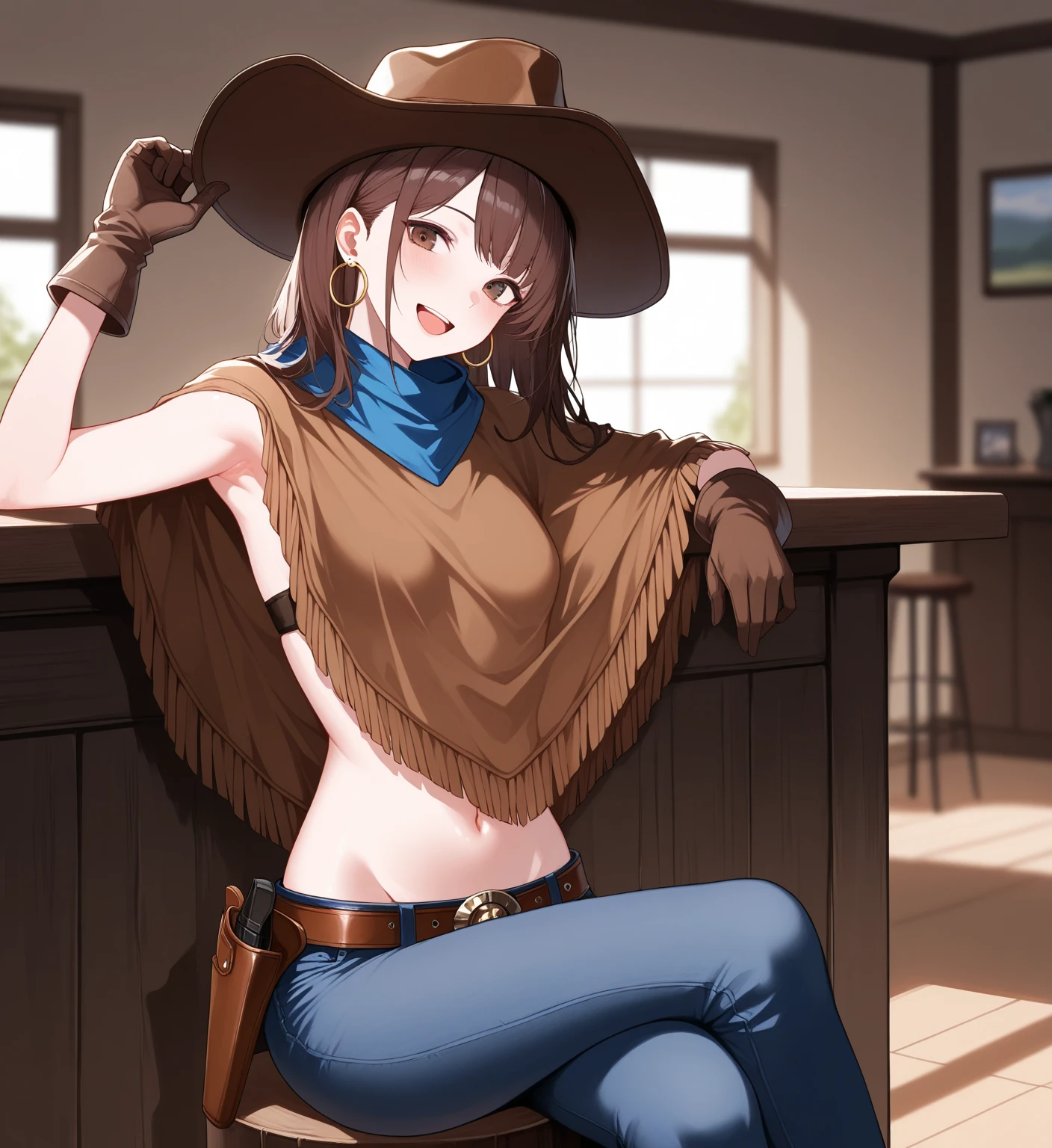 1girl, hat, ((naked breasts)), ((nipplees are clearly visible)), ((open shirt)), transparent shirt, long sleeves, navel, grey jeans, brown boots, fingerless gloves, short gloves, slight smile, long hair, brown hair, (curly hair), parted bangs, ((silver eyes)), mole under right eye, ((brown skin)), leaving room background, at night background, belt, best quality, masterpiece