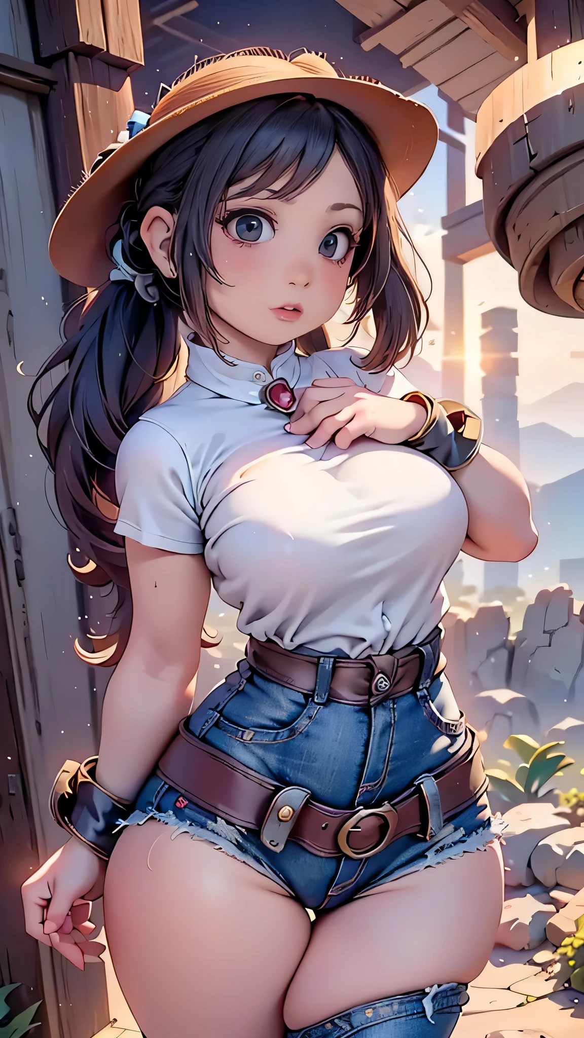 Bottom view , worm eye view , teenager , woman , Wear a waistcoat. , shorts , No Bra , Walking in a market full of people , full body image , wide angle , Highly detailed , cartoon style , Steampunk