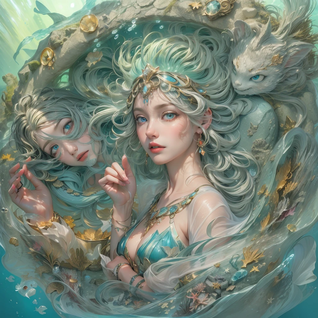 (maximum quality, exquisite design, better lighting, better shading), statue of 2 mermaids in the form of Yin Yang, inside a crystal ball, under the moon and the sun, detailed and realistic details, intricate, carved in red and green marble, shining with moonlight and sunlight, a perfect balance between light and dark, mystical and serene.