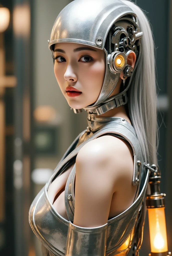 (((masterpiece)))、((top-quality))、(The ultra-detailliert)、、(Very noble and beautiful))、Cinematic Light、((1 Mechanical Girl))、White porcelain body、Goldsmith、Sumerian details、Hydraulic cylinder、Steampunk details、a purple eye、The cleavage is visible、 is hidden、(Mechanical joint:1.4)、((Mechanical limb))、(Blood vessels attached to tubes)、((Mechanical spine attached to the back))、((Mechanical cervical vertebrae attached to neck))、(Wires and cables attached to the head and body:1.5)、 Luminous tube、Glowing LED lamp、neon details、cowboy shot、