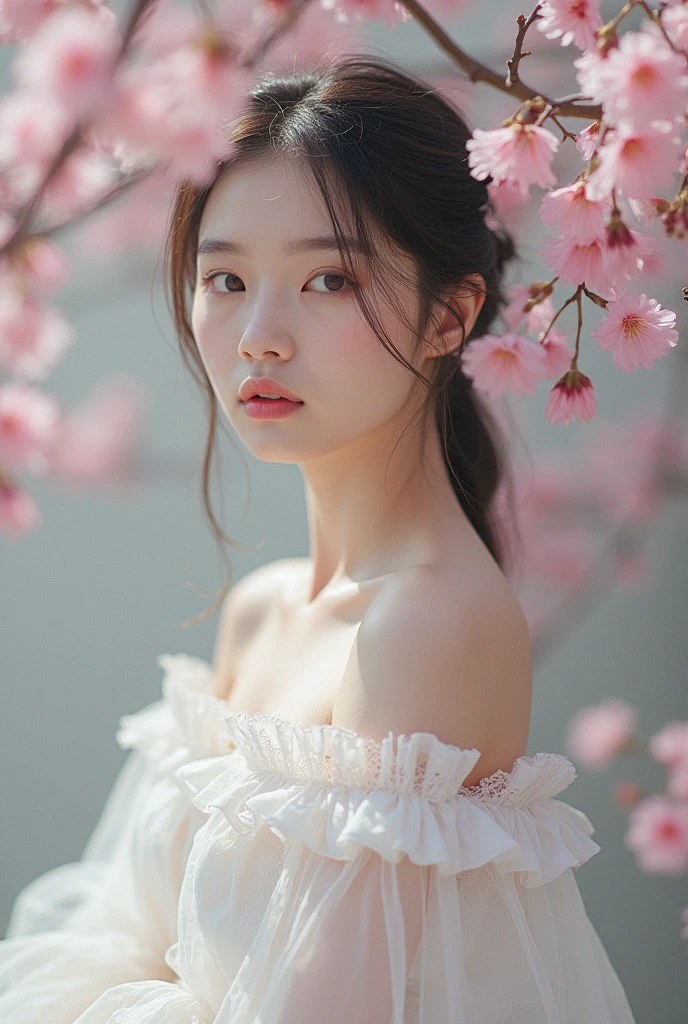 Professional model fair skin posing in a fashion photoshoot、This is a super realistic photo. She is completely wrapped in a transparent film, Under the film there are many flowers covering the skin. The shot is a mid-body shot.