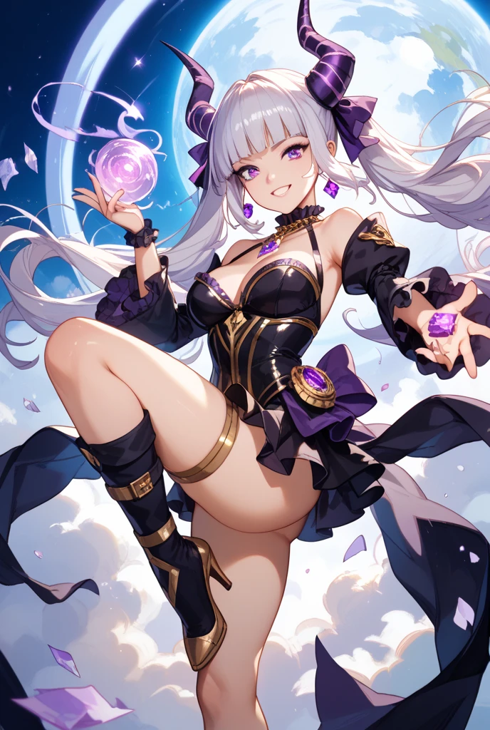 (masterpiece, Highest quality:1.3), (超detailed:1.2), (hyperRealistic:1.3), (RAW Photos:1.2), High-definition RAW color photos, Professional photos, (PhotoRealistic:1.4), (Realistic:1.4), Professional Lighting, Perfect Anatomy, (Big Breasts:1.1), (blush, detailedな顔), (smile:1.5), Flat lighting,elevation,sexy,A beautiful woman with supple curves,((Highest quality)), ((masterpiece)), (detailed),sexy,A beautiful woman with supple curves,((Highest quality)), ((masterpiece)), (detailed), One girl,Silver Hair,Long Hair，Dark Skin,Wearing a purple sleeveless dress，wear purple high heels,,Crouching pose,sit,Starry Sky，cloud，２０Old woman，Look away,Purple garter belt on leg,Wearing purple knee-high socks with lace,Fox ears