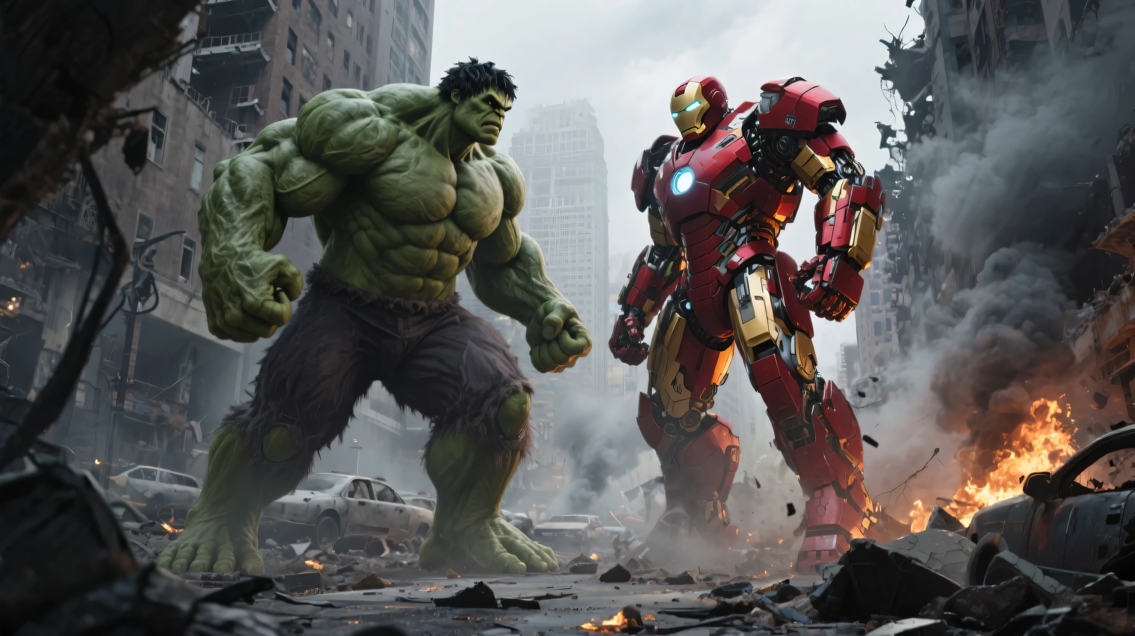Crossover of The Hulk and Ironman, cyberpunk town in the background