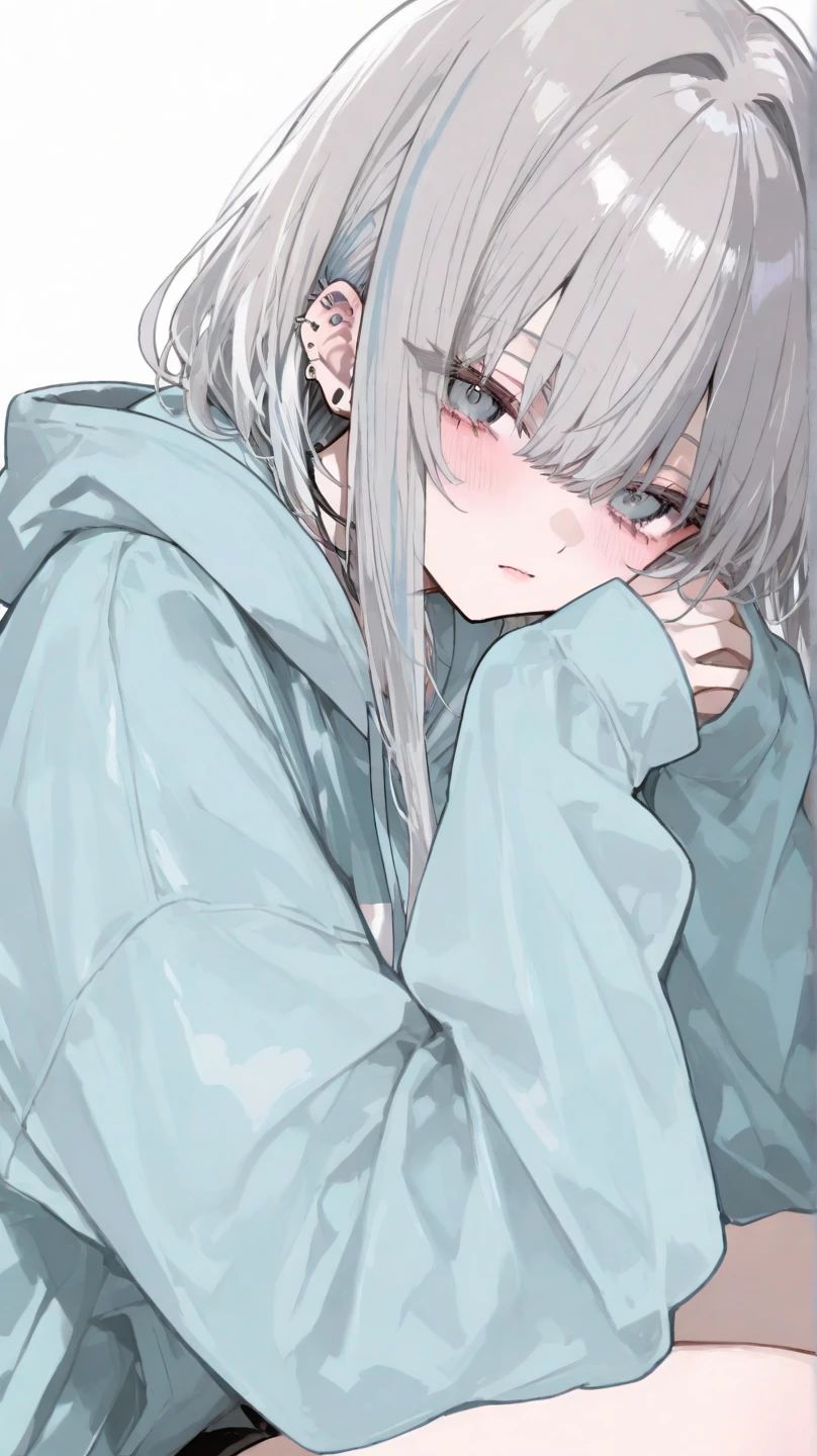 Anime girl with blue hair and blue eyes standing in front of a wall ...