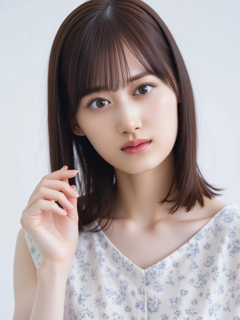 1 girl, (Wearing a white tank top:1.2), Very beautiful Japanese idol portraits,(( Close-up of face))、No underwear、(RAW Photos, Highest quality), (Realistic, Realistic:1.4), (masterpiece),
Very delicate and beautiful, Very detailed, 2k wallpaper, wonderful, finely, Very detailed CG Unity 8K 壁紙, Very detailed, High resolution, Soft Light,
Beautiful detailed girl, Very detailed目と顔, Beautiful and sophisticated nose, Big beautiful eyes, Cinema Lighting,
(Simple light color background:1.3),
(Medium Hair), (Parted bangs),
Complete Anatomy, Slender body,Big Breasts, Sensual look
