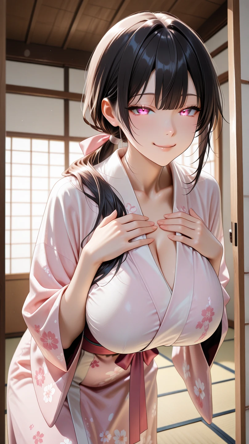 1 girl, full body, stand, glasses, big breasts, unbuttoned dark yukata, loose hair, smiling at you, opening the door for you, blush, night light, detailed anime face, beautiful eyes, detailed hand, long eyelashes, detailed lips, detailed skin, intricate details, elegant, beautiful lighting, warm colors, cinematic, soft focus, photorealistic, masterpiece, 8k, ultra-detailed, (best quality, 4k, 8k, highres, masterpiece:1.2), ultra-detailed, (realistic, photorealistic, photo-realistic:1.37)