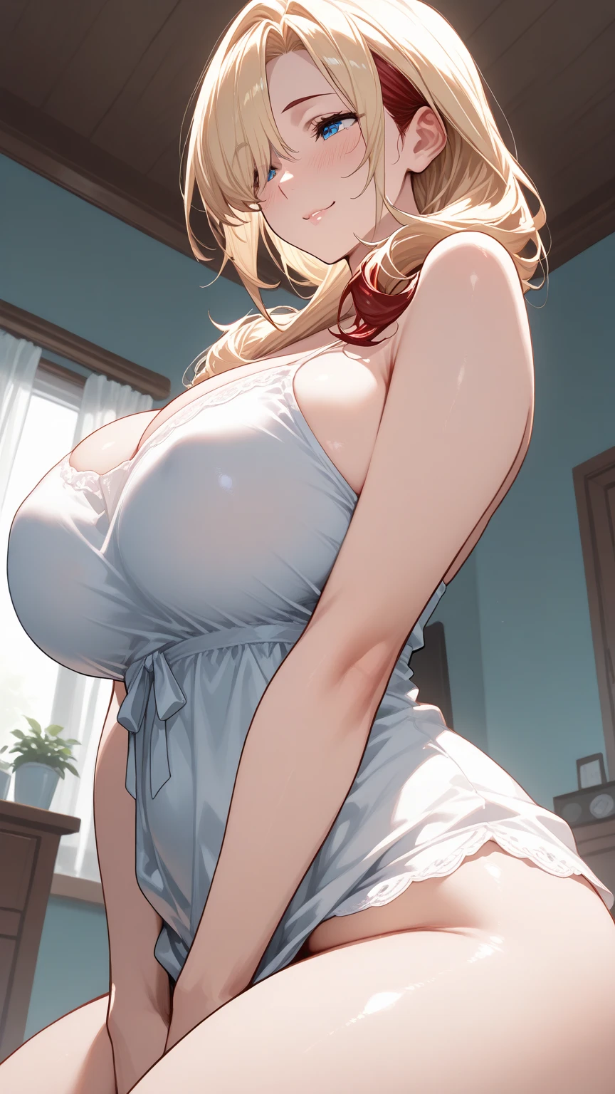 Masterpiece, High quality, High quality of art, best quality, best details, anime lineart, anime style, 1girl, solo, Milf, mommy, big hips, female proportions, big breast, Dark ash hair on a blonde hair base, fragrant hair, black hair, cold gaze, Sitting on the sofa, black mommy home dress, Gradient hair, black hair roots, white hair tips, black hollow eyes, naked, Hairy armpits, hairy pussy, Sleepy, black eye shadows
