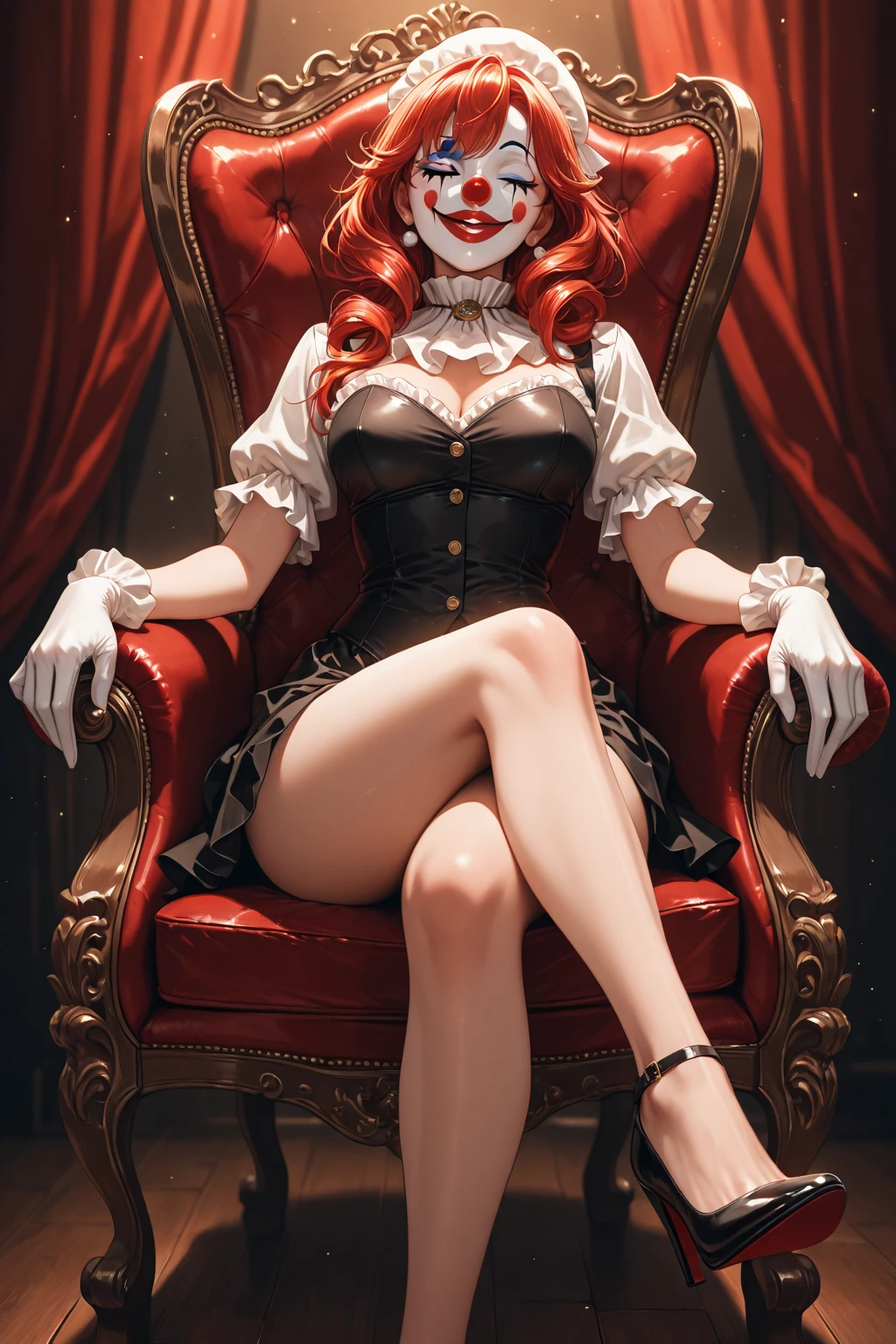 ((best quality)), ((masterpiece)), (detailed), perfect face ,1girl, orange Hair, Blue eyes, frizzy curly Hair, nude, big , Gothic Lolita, Pastelle colours, sitting on a throne, wide hips, narrow waist, stockings, highheels, Red lipstick, Parted lips, spreading legs, forehead, orange Pubic Hair, showing pussy