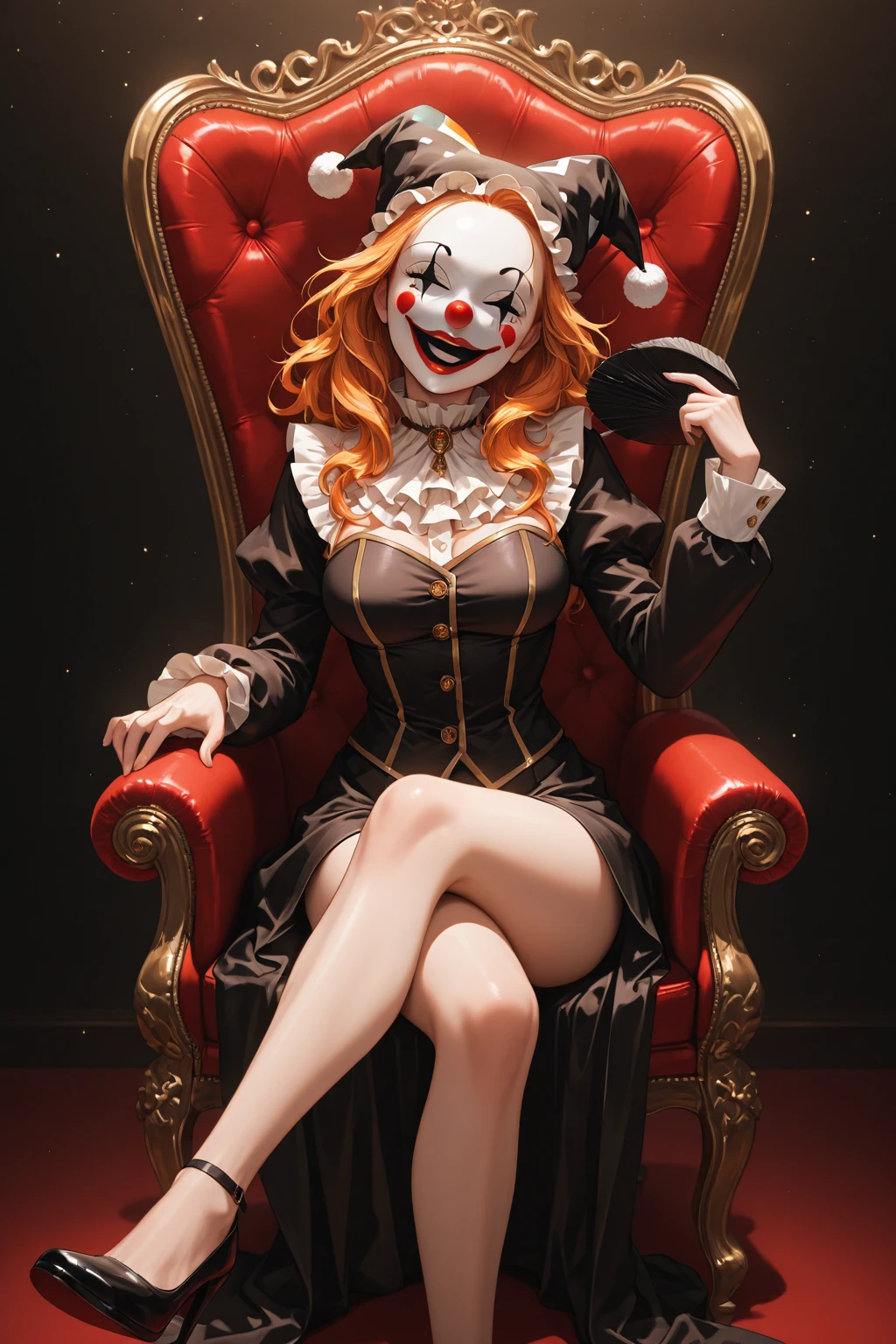 Crazy Clown Queen, sitting on a golden throne, Wear a clown hat, Clown costume, mitts, vivd colour, Laughing, Deep blonde hair, Cute breasts, Horror , did not wear panties,Wavy hair, Bun, and high heels. Blood, Circus props, spooky ambiance, haunted background. Surrealist style, Sharp contrast, ominous lighting, high-density imaging review, Ultra-high definition, Studio lighting, Like a painting, ultra-fine painted, Sharp focus, physically-based renderingt, Extreme detail description, professional (Horror )