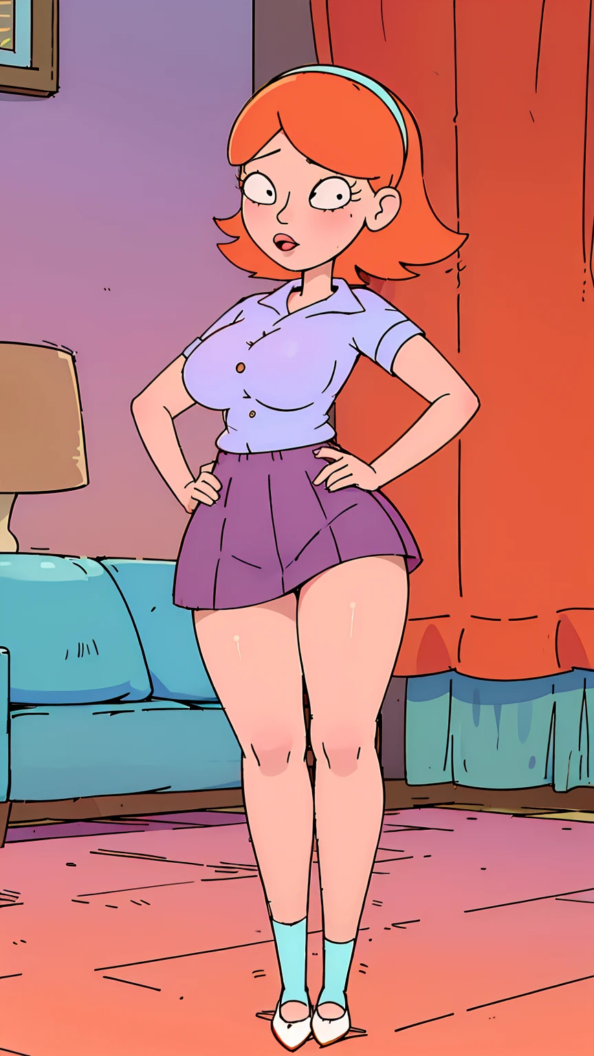a teenage girl sexy attractive beautiful cool popular short orange hair disheveled cut light red lip wears long light blue button shirt sensual curves and a short purple miniskirt pair short blue socks legs white heel she walking living room class, huge breasts, lifting skirt, tall, lifting skirt