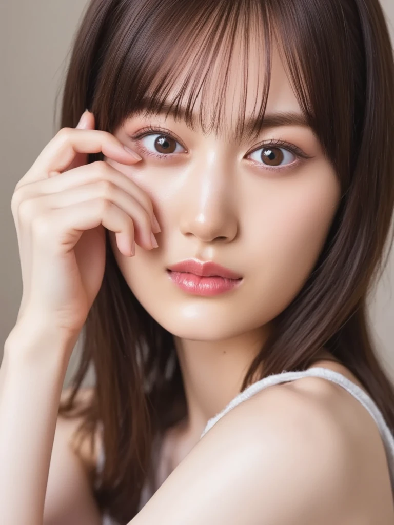 best quality, professional lighting, super detailed, realistic, beautiful detailed eyes,<lora:sasakinozomi_lora:0.8> sasakinozomi, upper body <lora:peeking_out_upper_body_pruned:1.4> peeking out upper body,wall