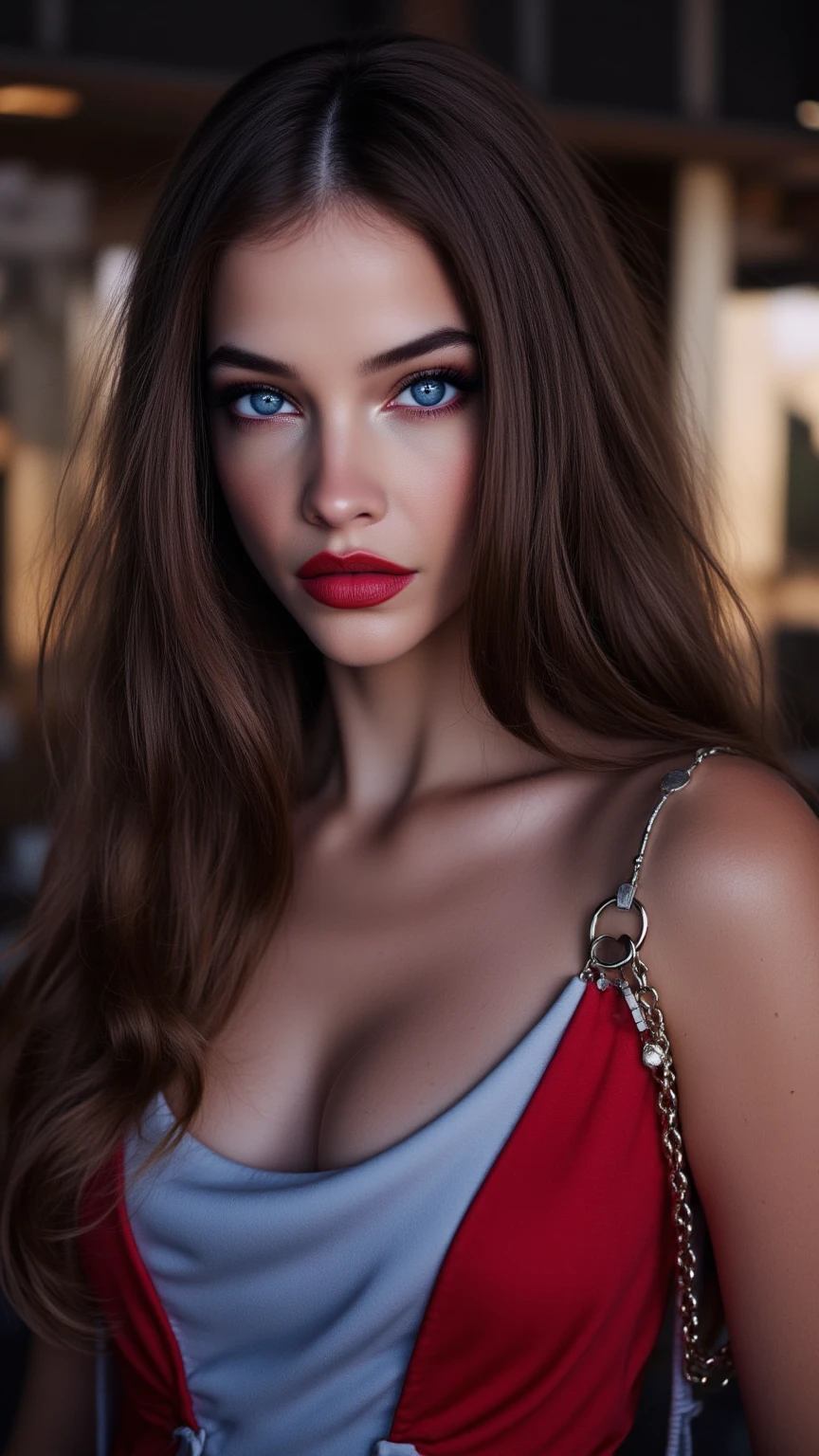 ((Photo from upper body to thigh: 1.4)), (ultra details, ultra resolution, portrait: 1.15), ((best soft studio lighting: 1.2)), (1girl: 1.3, 22 years), photorealistic Realism 16K Quality, ultra resolution, (high quality skin with realistic texture), (high quality hair with realistic texture), ((brown hair, (combed on one side), ultra detailed)), ((perfect proportions)),((anatomically correct)), (((firm and full breasts: 1.22))), (intricately detailed beautiful face), (light pale complexion), (intricately detailed beautiful face), (light pale complexion) BREAK ((ultra absurd quality, extremely detailed detail, ultra resolution, clear sharp focus, not blurry, (Realistic brown_eyes))), perfect dark_eyeshadows:1.2, super Detailed, beautiful little nose, break, vivid colors, (at the train station:1.3),perfect female body, Fearless look,red_lipstick:1.1,perfect dark_eyeshadows,Wear an off-shoulder top, full bodyesbian,((Red-black pleated mini skirt)),(Lace-up corset (lacy red or crimson) silked),((Versace silked bustier top)),((lace-up)),fishnets,(chain),(highly elaborate extravagant microscopic street outfit),(small head:1.4)(((slim face))),(Lively,Active,vivaciousness)),(no_Pantise),blue_eyeliner, (Beautiful girl with long legs and good style),(white,eye-catching latex lace-up over-the-knee boots)