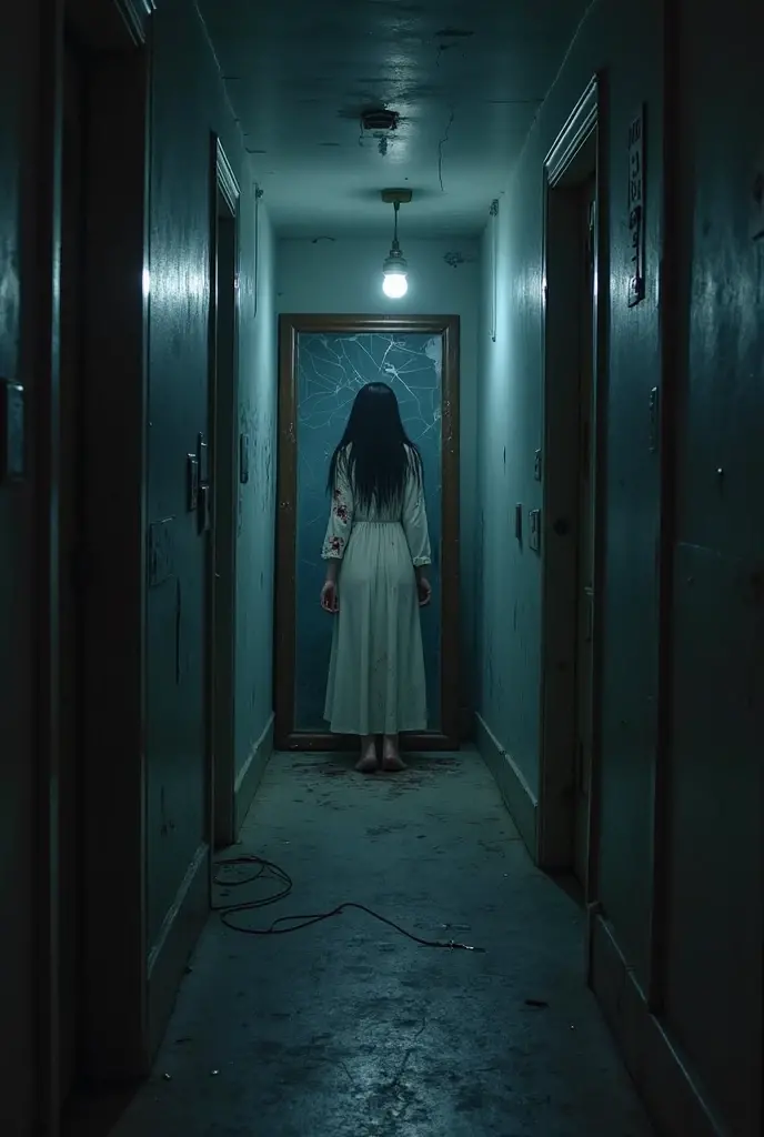 sadako、malice、translucent、Distorting space、In the liminal space of a dark hallway nightmare、dynamic lighting、photorealistic、trend at the art station、Stunning images、fog、creative、cinematographic、Super detailed、atmospheric、Ambient lighting、scary art、low quality、heavy film grain、low saturation、Orange Teal Hue