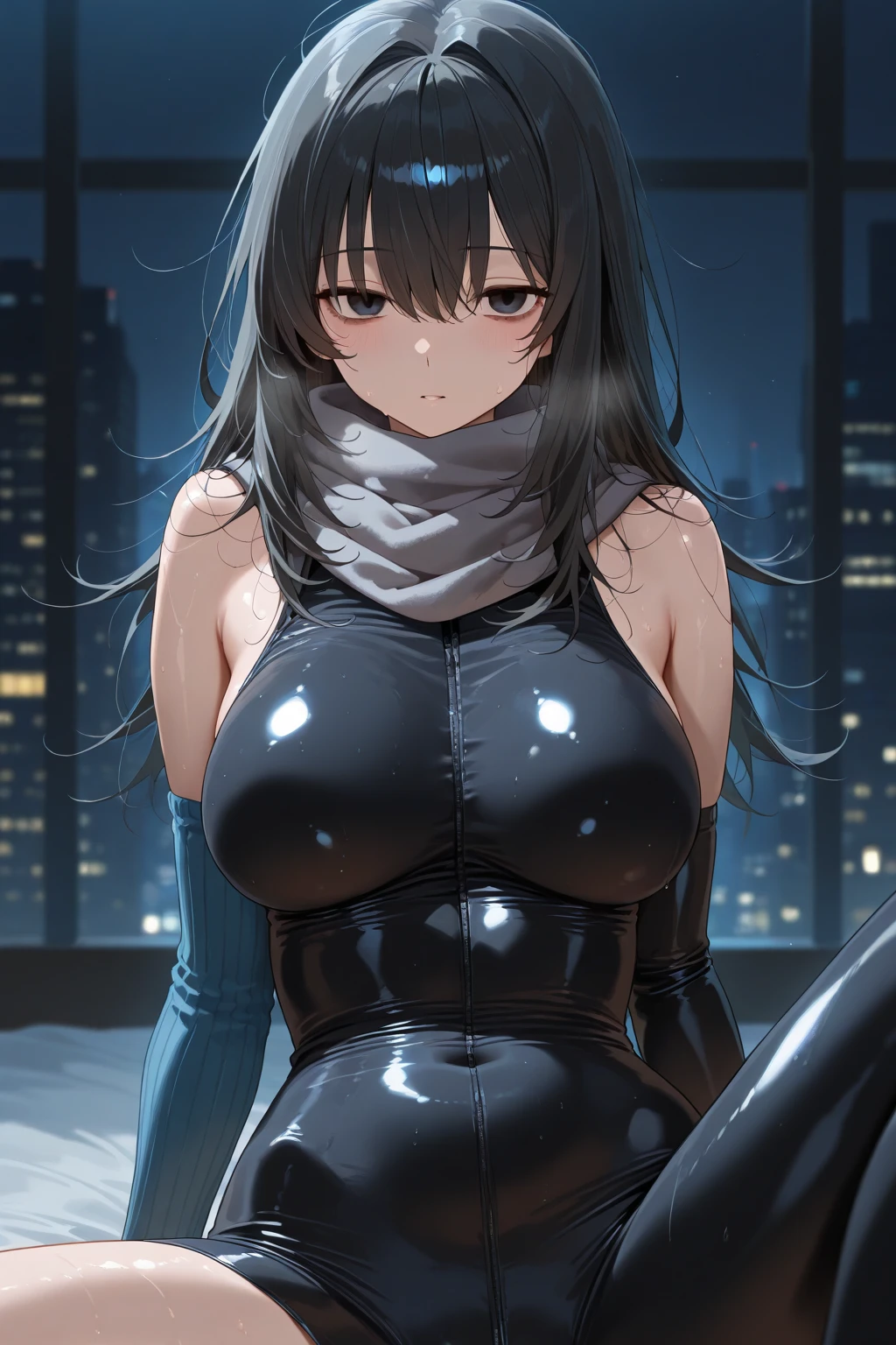 A 20-year-old woman crouches on a pillar, wearing a black bodysuit, huge tit, Long black hair, Sweaty, Soaked all over, Ruddy cheeks, wearing black tight clothing, tight attire, thicc, Open V chest clothes, cleavage, skintight black clothes, wearing a black bodysuit,