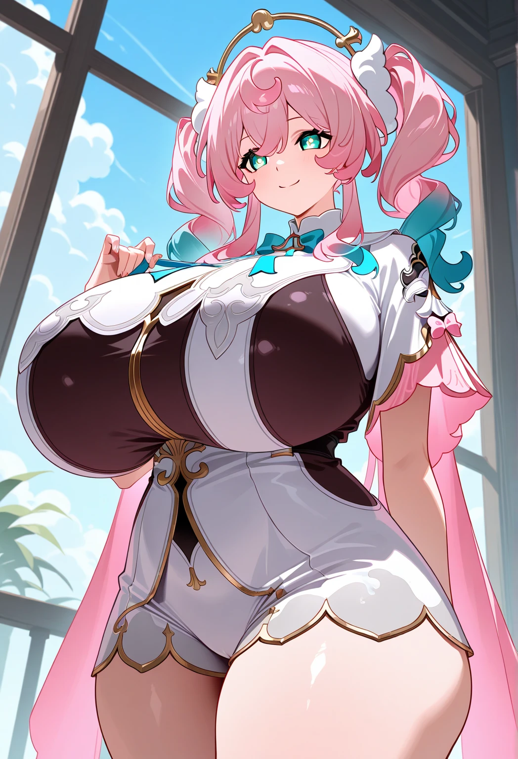 ((master masterpiece、The Highest Quality))、(1人)、pale pink hair、(OL))、bangs、gigantic tits、(full breasts)、slimness、Sorrisos、【Wide Hips】、Standing、a be\(blue archive)、Tanuki ears、valley、Background white