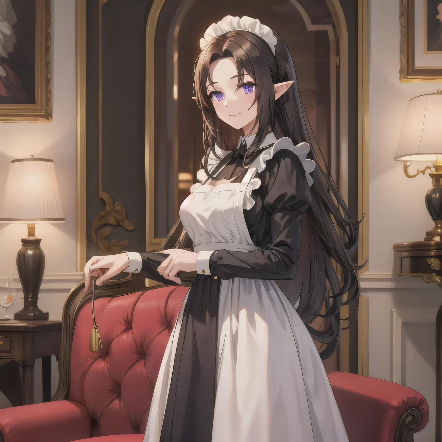 Illustration of a beautiful girl in a cute pose,(Masterpiece: 1.2), (Best quality: 1.2), A cute girl with long black hair, dressed in a classic black and white maid outfit with frilly lace and a matching headband, is standing in a beautifully decorated Victorian-style parlor. She is holding a silver tray with a teapot and teacup, her expression a mix of professionalism and warmth. The background includes ornate furniture, a chandelier, and large windows with heavy drapes, all bathed in soft afternoon light. This illustration emphasizes the elegant and welcoming atmosphere of a high-class tea service
