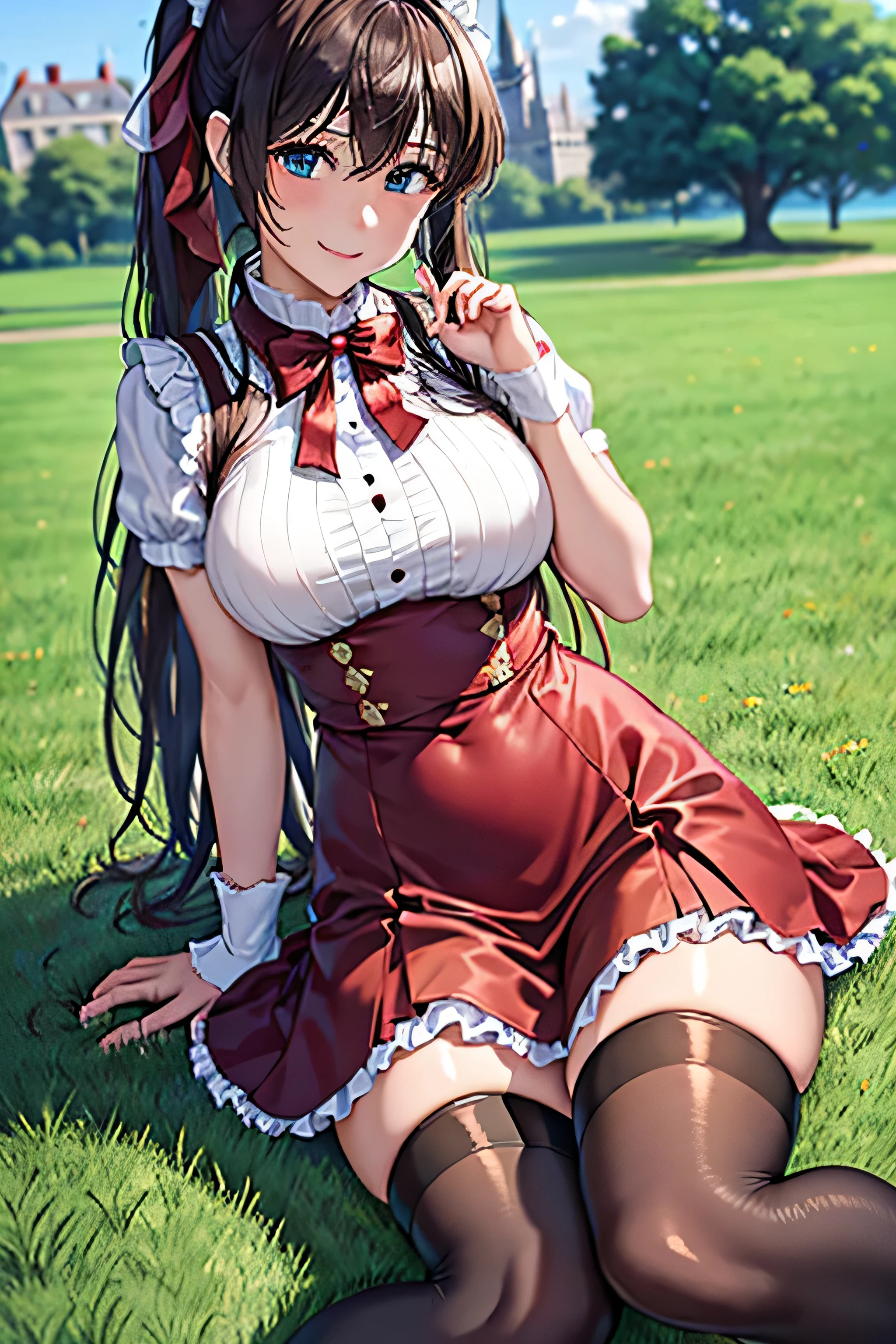1girl, solo, brown hair, knotted bun, ice blue eyes, looking up, sitting, leg up, full body, from front, huge breasts,
masterpiece, best quality, realistic, a flower field with different species of flowers, (different types of flowers), proud, shiny skin, fantasy clothing, Tavern wench's outfit comprising a ruffled peasant blouse, cinched bodice, a tiered skirt, white kneehighs, see-through