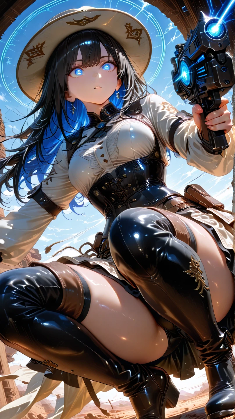 (female:1.2) (bodybuilder:0.8), hyper realistic, masterpiece, photorealistic, real skin, detailed face, detailed skin, detailed lighting, 1girl, (blue eyes), large breasts, cleavage, long hair, black hair, frills, angry face, thigh, amazing pose, holding gun, katana, sword, gutling gun, rocket launcher