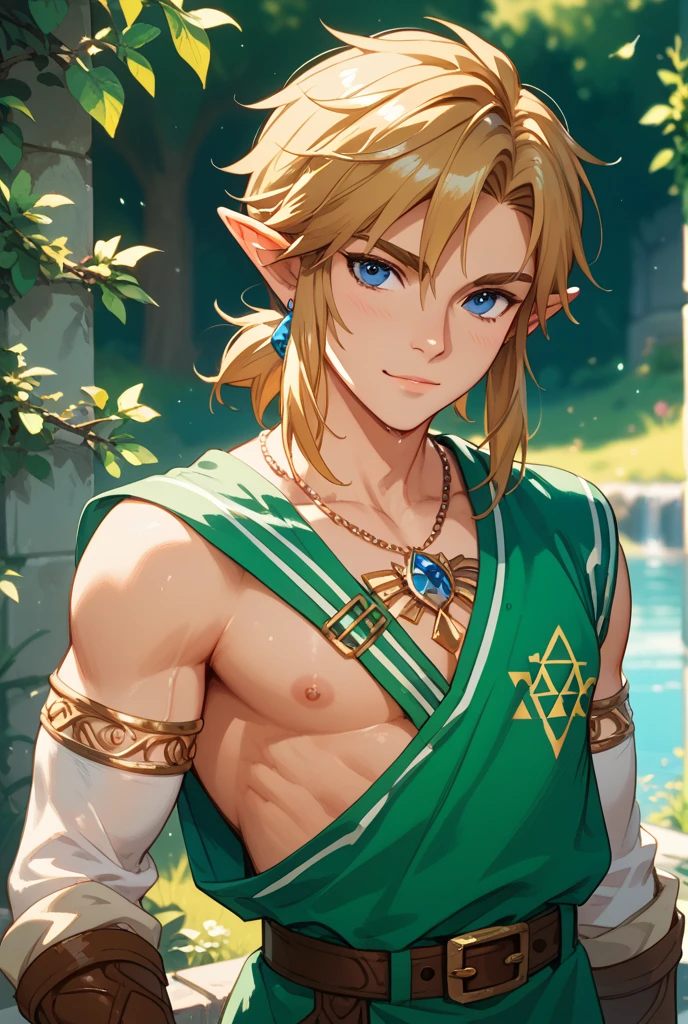 Link, Legend of Zelda, cute androgynous (((boy))), femboy, (((1 male))) cute face, huge lips, (((wide pelvis))), curly blonde hair, blue eyes, (((huge bulge crotch))), (((round buttocks))), bubble butt, slim body, weak, wear mini skirt, stocks, mini jacket, pink colors,