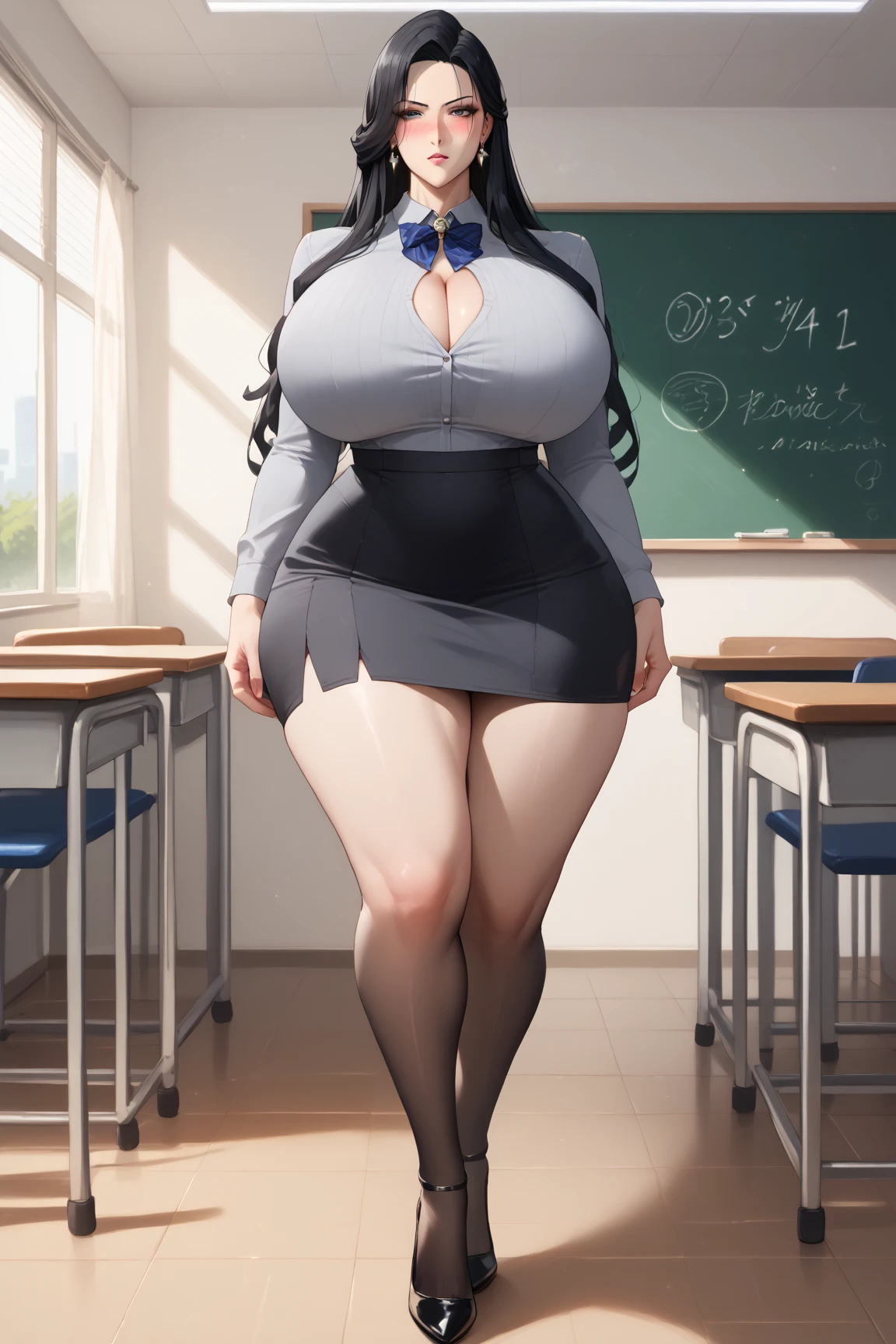 (masterpiece), (highest quality), (high resolution), (fine details), (brilliantly colored), [text], anime portrait, (((teacher))), 1woman, curvy, house wife, aroused, open mouth, blush, sweat, oily skin, large breasts, cleavage, thighs, frontal, seductive pose