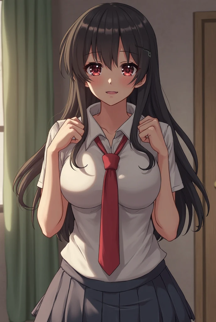 nsfw,suzune horikita, 1girl,1boy,((penis)),,(Red eyes:1.3),locker room,cowboy shot,(Medium chest),Hair Ribbon,naked,(((cowgirl position,girl on top))),Black thigh-high socks,((orgasm,pussy juice)),short hair