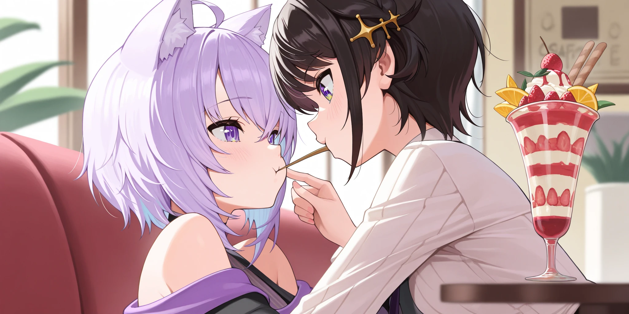 nsfw,2girls,1boy, Surreal, Incredibly detailed anime cat girl, Large Breasts, Purple eyes and hair, Cat ear, Fluffy tail, Ahoge, Long, flowing bangs, Very detailed animal ears and fur, Virtual YouTuber, Completely naked,penis,fellatio,tongue licking
