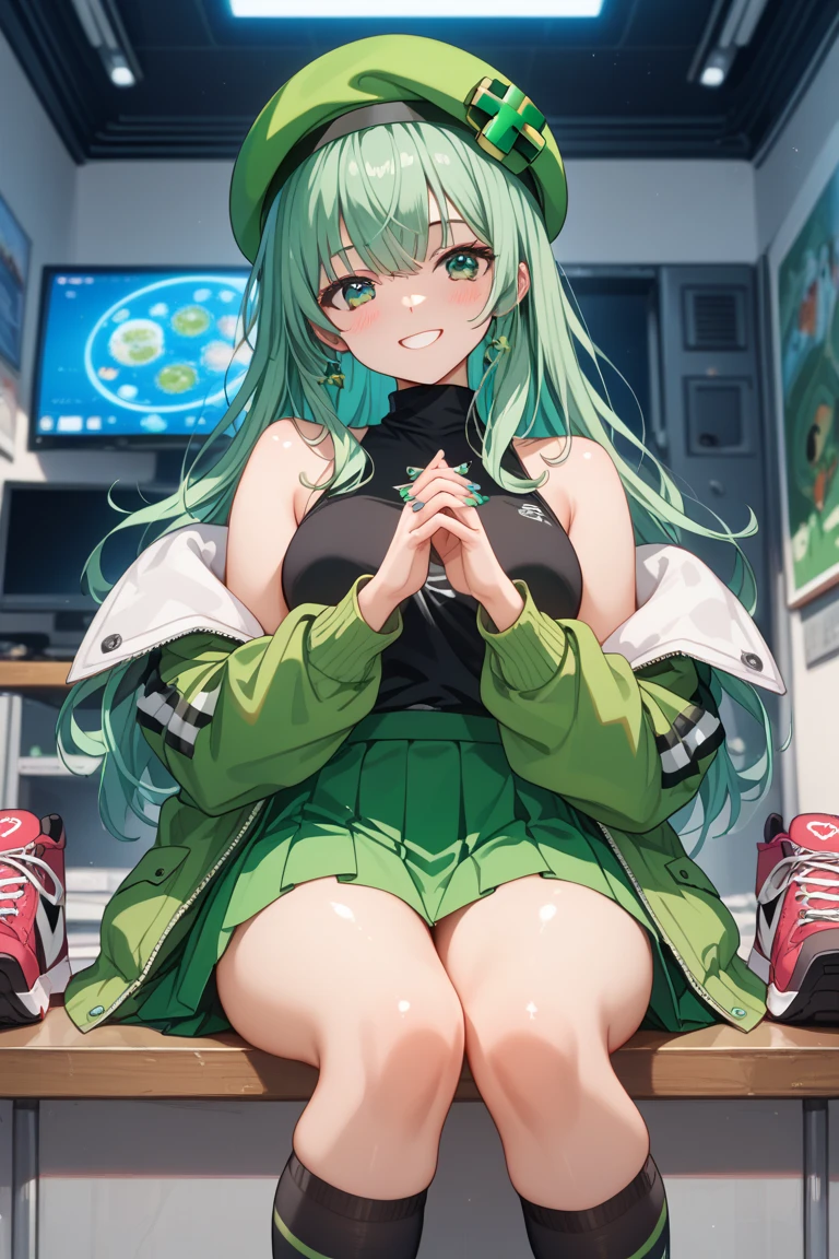 hot、Sigh, Very large breasts, squat,Spread your legs、Hands behind head、Green hair twintails、Latex Cheerleader、mini skirt、Very wet、Composition looking up from a little below.、Simple Background、White panties、blush、Knee-high socks、sister、