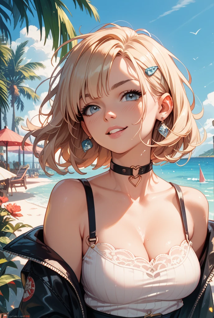 (realistic,painting_style,)mature, 1girl, solo, amelia watson, virtual youtuber,blonde hair, blue eyes, choker, flower, short hair, realistic eyes, head tilt, smug, looking_at_viewer, sky, mountain, outdoors, cloud, bangs, upper body, pink flower, collarbone, orange shirt, parted lips, lips, lace trim, smile, black choker, mountainous horizon, cloudy sky, standing, holding_flowers