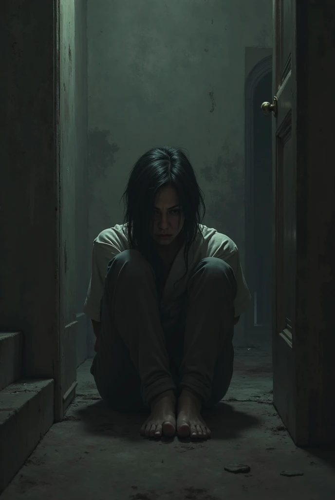 A cinematic image, with maximum quality, best quality, a pale boy with long black hair, standing looking at the viewer (with yellow eyes and small pupil), smiling (with a wide smile of sharp and pointed teeth), holding a knife (half rusty, dirty with blood), wearing a white shirt (stained with blood and smeared), with a white pants (stained with blood and smeared), barefoot, the background is a white room with tiled walls and floors (dirty and shabby, with trails of blood on the floor and walls stained with blood), a corpse of a man on the floor behind the boy (corpse with its throat slit and full of blood, the corpse is on top of a pool of blood), The lighting of the room is cold and gloomy (with dust particles passing through)