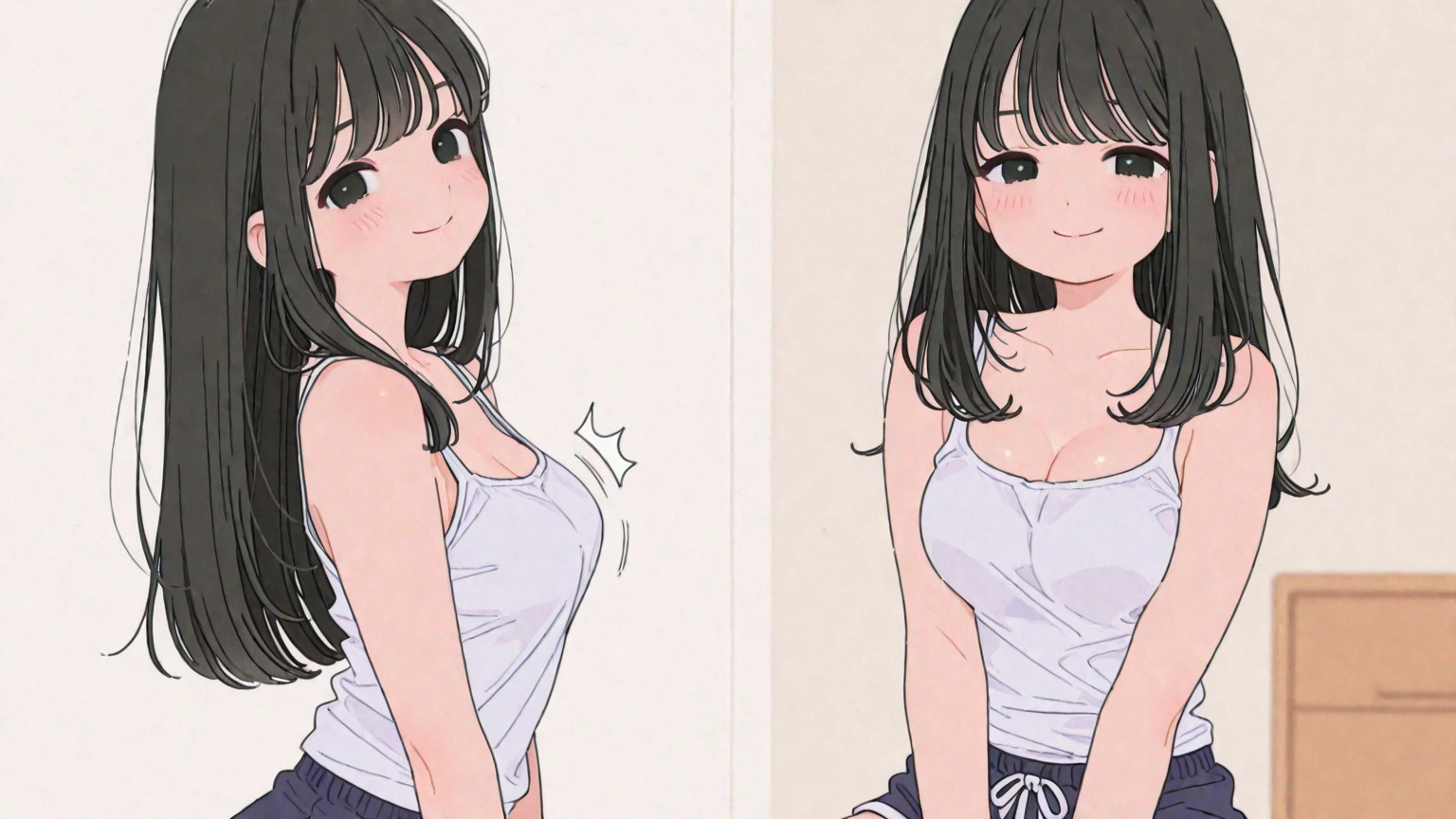 anime girl posing for a deodorant advertisement, wearing sleeveless dress, showing different everyday situations that exposes her armpits, such as raising arms reaching something high, wiping forehead, dancing raising arms, and fixing hair with raised arms, in grids.