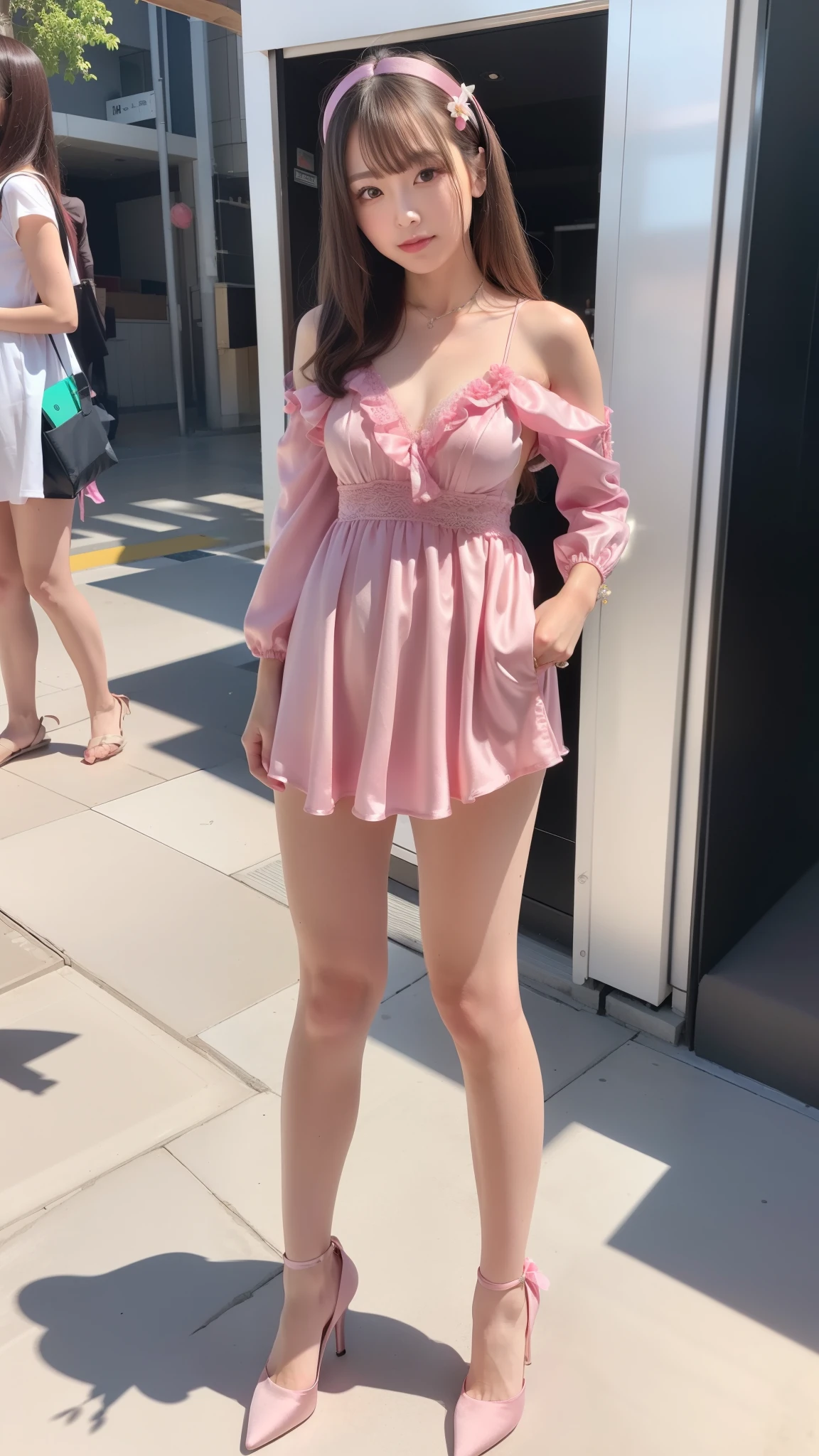 (((hd picture))), ultra high resolution.realistic 1.4, uhd, masterpiece,  score_9, score_8_consolation, score_7_consolation, score_6_consolation, score_5_consolation, score_4_consolation, from below, 1 woman, long hair, brown hair, dress, bag, tree, leg, headcell phones, cell phone, mobile cell phone, smartcell phone, mini handbag, tansparent sundress,Panties are visible when viewed from below.,