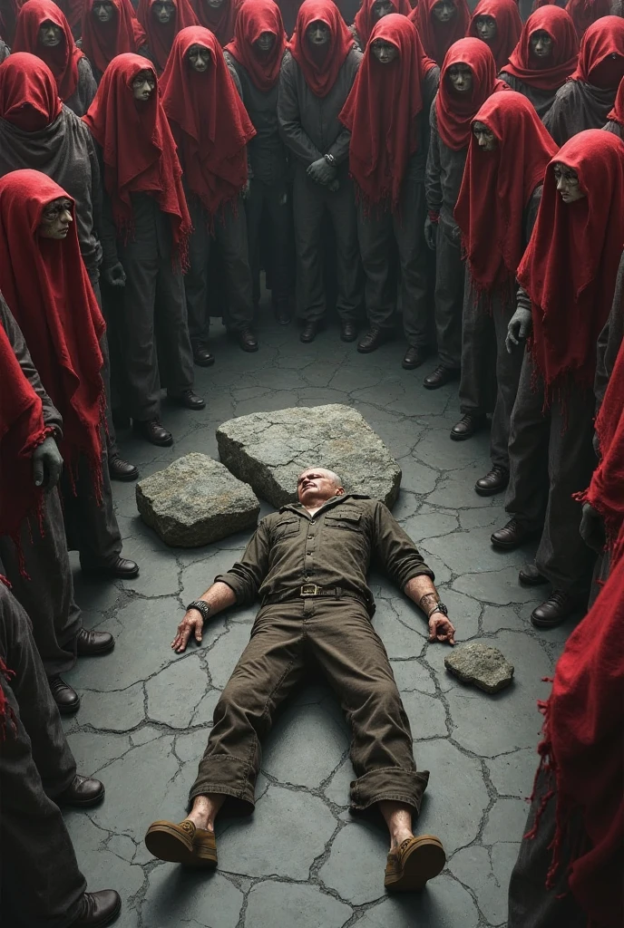 green eyed man, with a black leather jacket and a Nazi swastika armband, He has a young man on the floor naked ,And next to him is another bald man without a shirt. The three are in a dark basement
