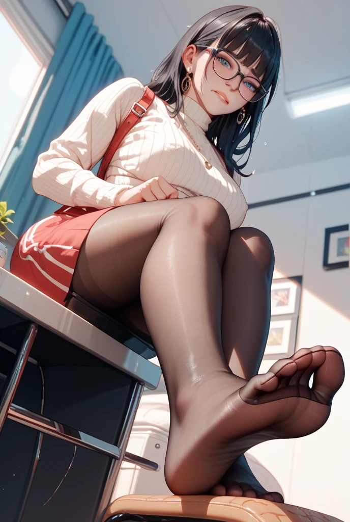 NSFW,(Natural finger shape:1.5),((Full Body Shot,Including face)),Standing position,4K,masterpiece,((Focus on the face)),((Symmetrical facial features)),Eye for detailed depiction,Beautiful woman,Excellent style,Beautiful feet,(Small Ass,Thin thighs),(Patterned black stockings,High heels),Facial detailing,Small earrings,necklace,Low angle photo,((camisole,Tight Skirt)),(A scene of a man sitting in a chair in an office and operating a computer:2),Strong sunlight,(((A facial expression of pleasure))),(((Lean your body back and sit on the ground))),Side views of several beautiful women