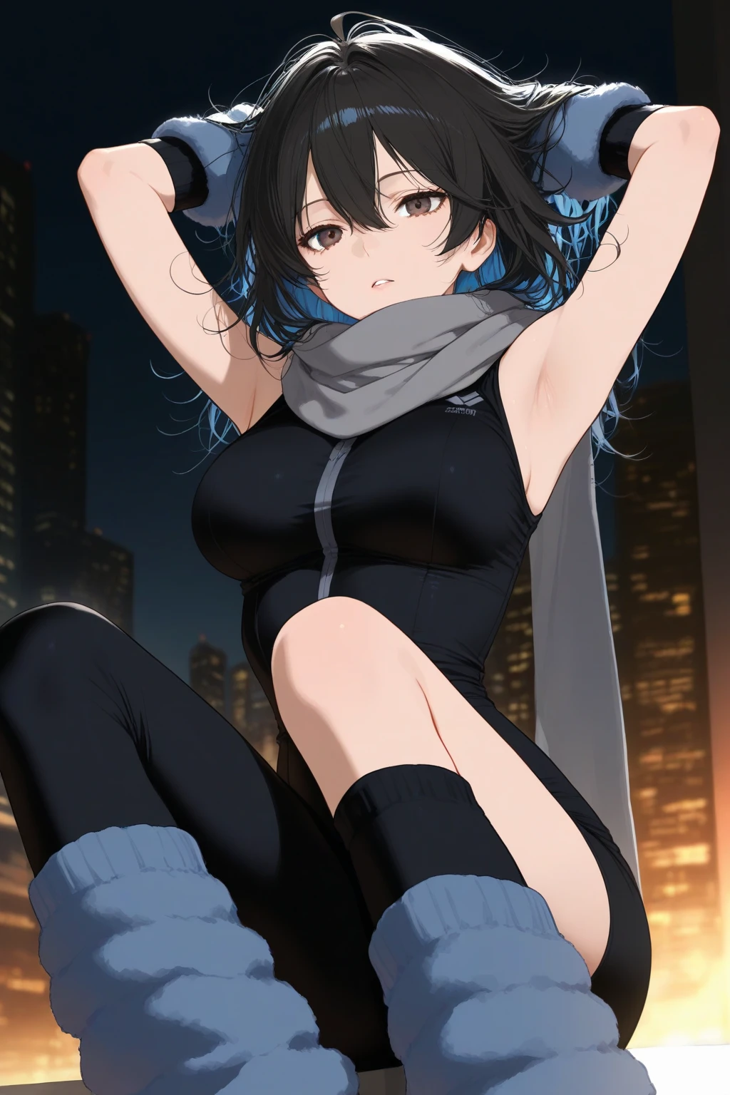 (masterpiece), best quality, expressive eyes, perfect face, perfect eyes, low angle, close-up legs, (Ganyu 'Genshin Impact'), solo, medium breasts, blue hair, looking away, (drinking milk shake), in a hoodie, deep cleavage, collarbone, leggings, standing, contrapposto, half-closed eyes, night city background,