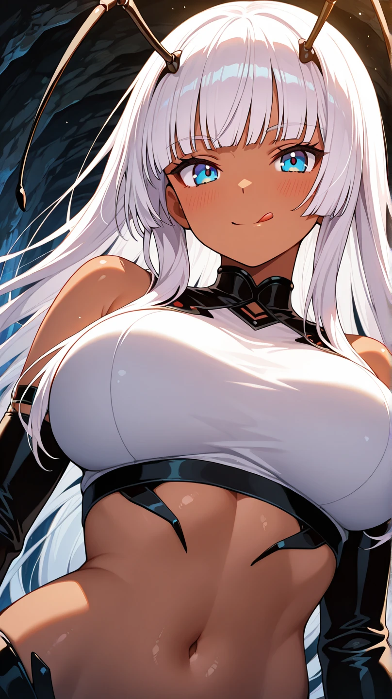 Hyper realistic super detailed sexy long white hair heterochromia smiling small breasts sitting open legs