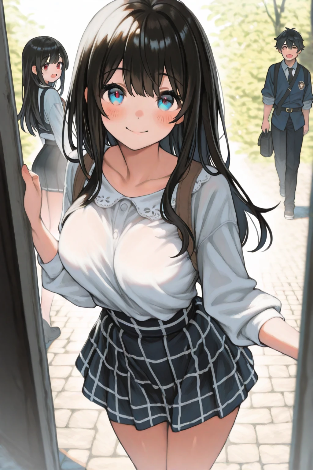 Brown hair、watching at viewers black suspenders Bulging big breasts walls: Black miniskirt garters Gaze Small face bangss holster Beautuful Women hands up レッグholster ベッドに横たわる Gaze black boots panty shot provocation flank flank汗 soio arm