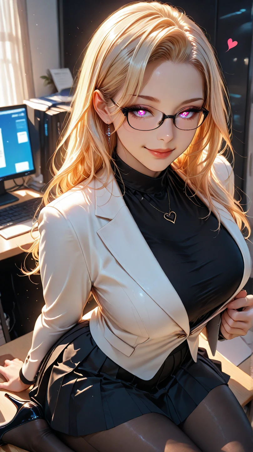 good anatomy, work of art, best qualityer, 4K, 8k, professional photograpy, smooth light, sharp focus, office space, 1 girl, sit in the chair, hair blonde, that's why, pantyrose,hair blonde, Bank splits, face detailed+eyes browns, ssmile, closed lips, lipstick, necklase, nedio breasts,Bookcases, janelas, table light,big boobies ,sexly,アニメ,milf,bitch