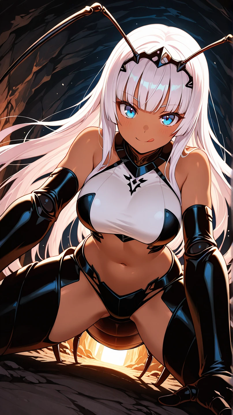 armor, leotard, (((shoulder armor))), cleavage cutout, leotard, breastplate, gauntlet, thig high boots, detachable collar, large breasts, cleavage, long hair, white, (((((blindfold))))), beautiful, horn on side head, masterpiece, masterwork, super fine illustration, ultra detailed, cg unity 8k wallpaper, perfect eyes, ultra detailed beautiful face, smile, (((((chain leash, on all fours, hands on the ground, animal collar, animal collar connected chain leash, viewer holding chain leash))))), full face blush, long tongue, stick out tongue, open mouth, sexual ecstasy smile, smile broadly, fucked silly vulgarity, gleaming skin, oil skin, shiny skin, wet skin, seductive smile, tongue out, p, put out tongue,