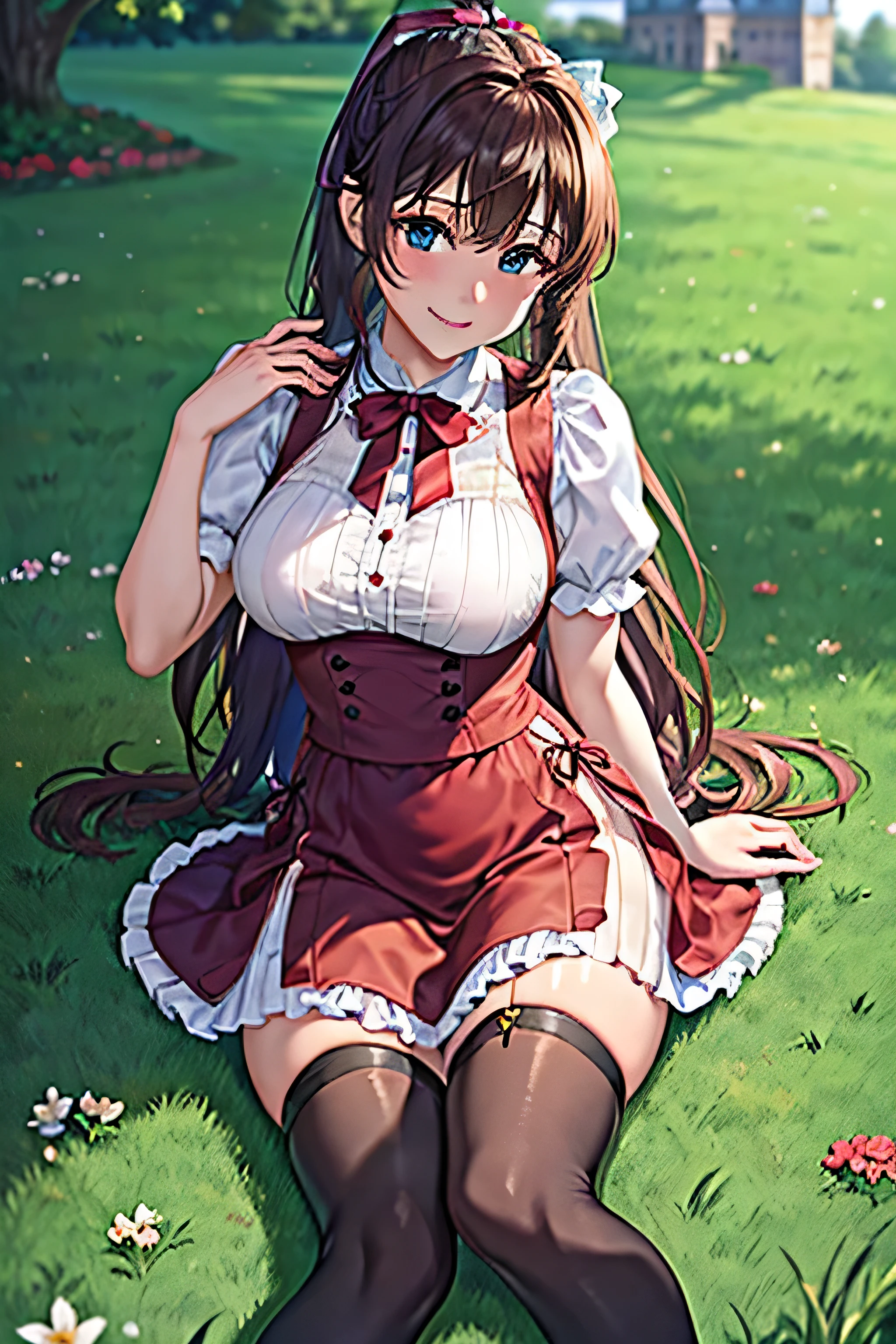 8K,masterpiece, top-quality, Hi-Res, 1girl, Marl, 独奏, Daiwa scarlet\(umamusume\), Daiwa Scarlet,brown haired, Red gloves, tiarra, {{{Tiara on the head}}}, RED dress, Very long hair, black thighhighs, Tsukunoshi, sleeveless, red eyes, cleavage of the breast, Plaid dresses, bangss, Dresses trimmed with fur, large full breasts, sleeveless dresses, bare shoulders, hair between eye, large full breasts, Single ear cover, Green Ribbon, frilld, yuki, embarrassed from, a smile, natta, lawn, grass field,{{{natta}}},starrysky,Smiled、brown haired, A slight smil,beautiful countenance, brown haired, Sharp fangs,bangss,embarassed face,A detailed eye,Beautiful eyes,Light red eyes,red blush,{{{Red hair}}},hair between eye, laying on back,pretty skin, Sideways body,Arms behind the body