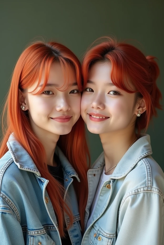 Draws two people, a man with long red hair, aged 25, and a tomboy short haired woman with red hair, the two smiling at each other posing for a photo