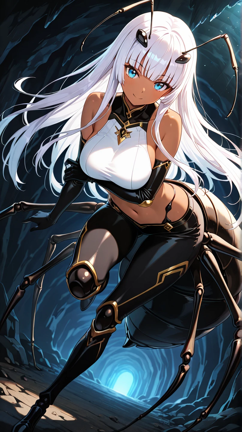 (drider:1.4) A breathtaking illustration of an eight-legged, humanoid creature with stunning beauty, set against the backdrop of a dimly-lit cavern. The creature, with dark grey skin and cascading white hair, exudes an air of majesty and command with her intricately designed crown-like headpiece. Her fierce stance embodies the mysteries of the underdark, creating an enigmatic atmosphere that captivates the viewer and draws them into the fantastical world she inhabits