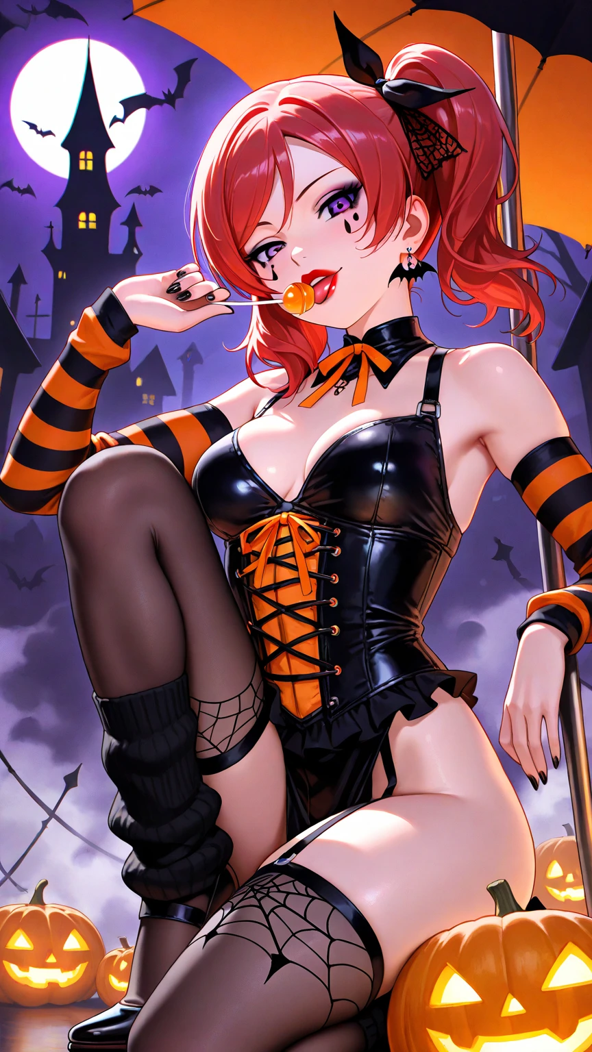 1girll,Half-faced clown mask,Red Moon,borgar,pumpkins,the bats,best qualtiy,HD graphics
