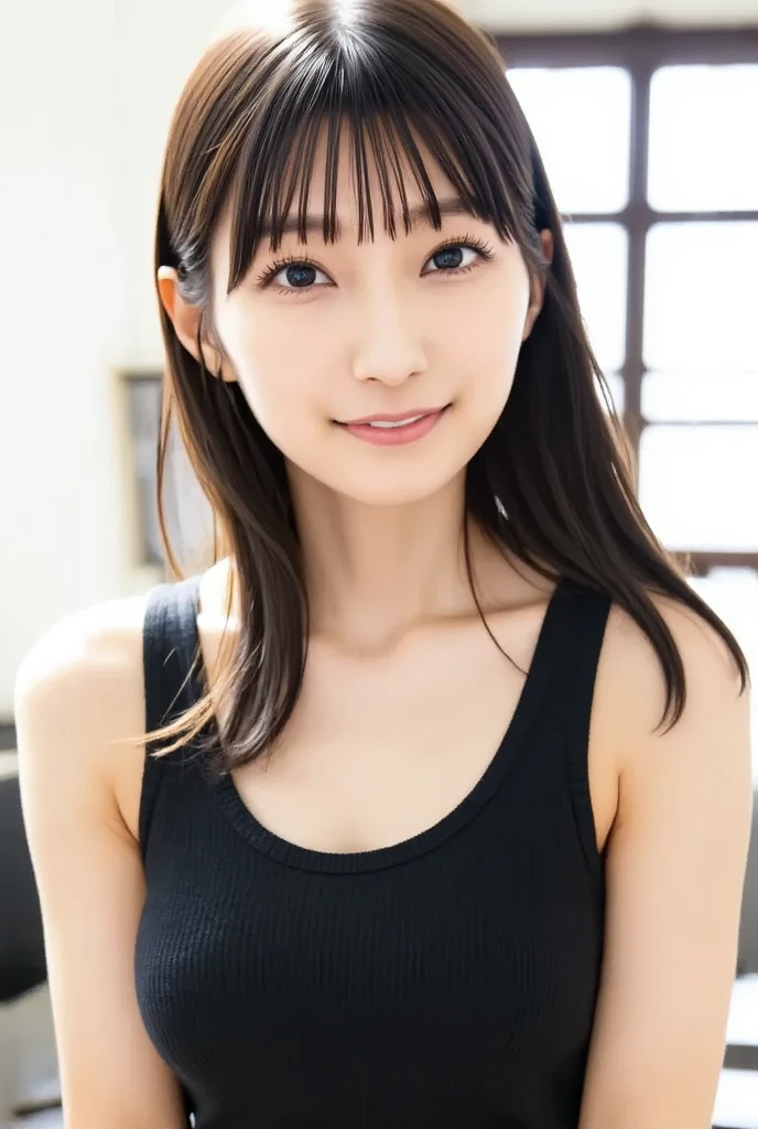 Best quality, masterpiece, ultra high res, (photorealistic:1.37), raw photo, ((Beautiful illustration)), 1girl, long hair, beautifull eyes, beautifull face, detailed eyes and face, blush, t-shirt, dynamic lighting, in the dark, deep shadow, low key, cowboy shot, ((organized fingers)), ((smile)), (((Tank Top, Tense Shirt)))