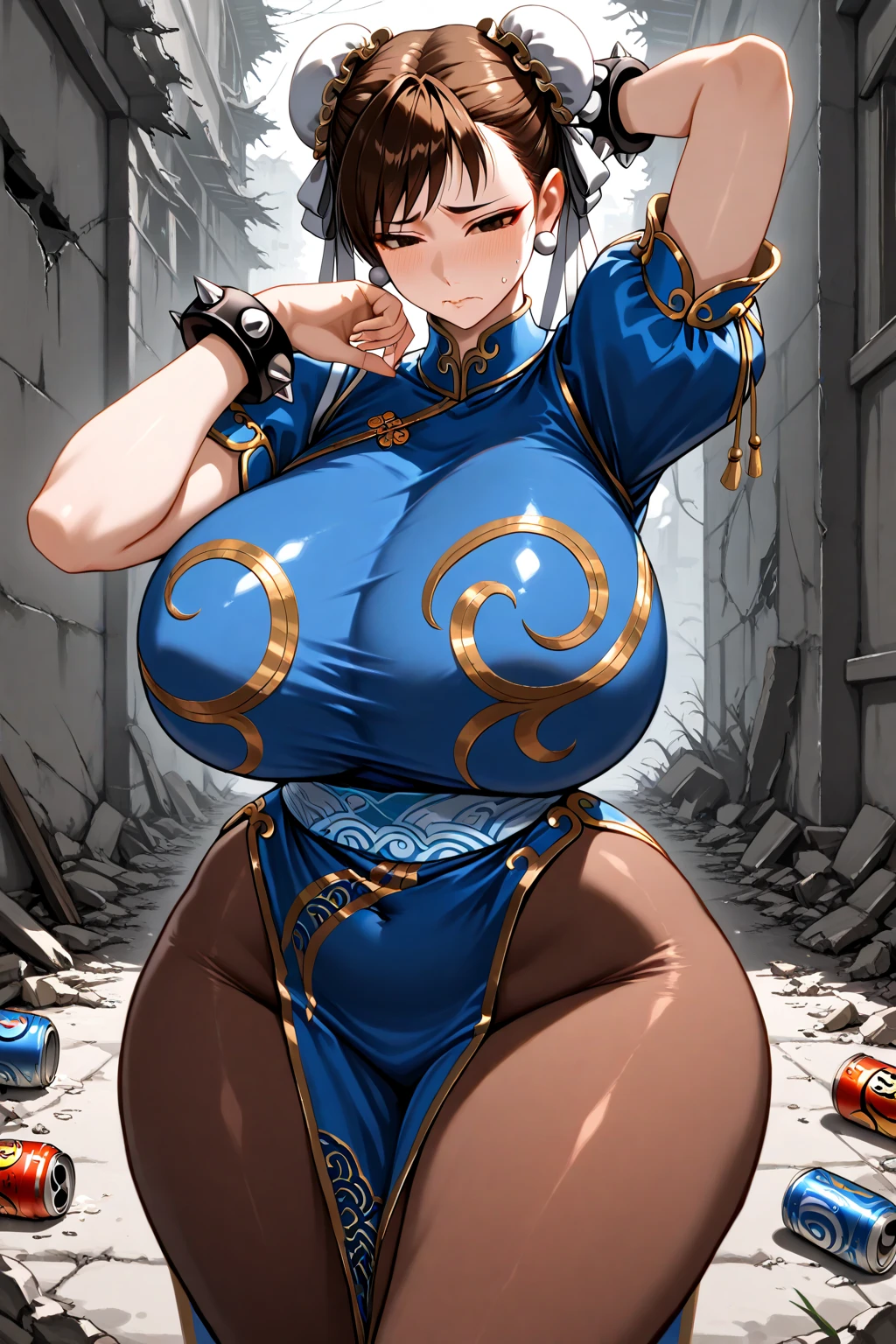 Chunli, street fighter character, classic custom, sexy, huge tits, thick body, strong thick legs, full body, perfect body, standing,