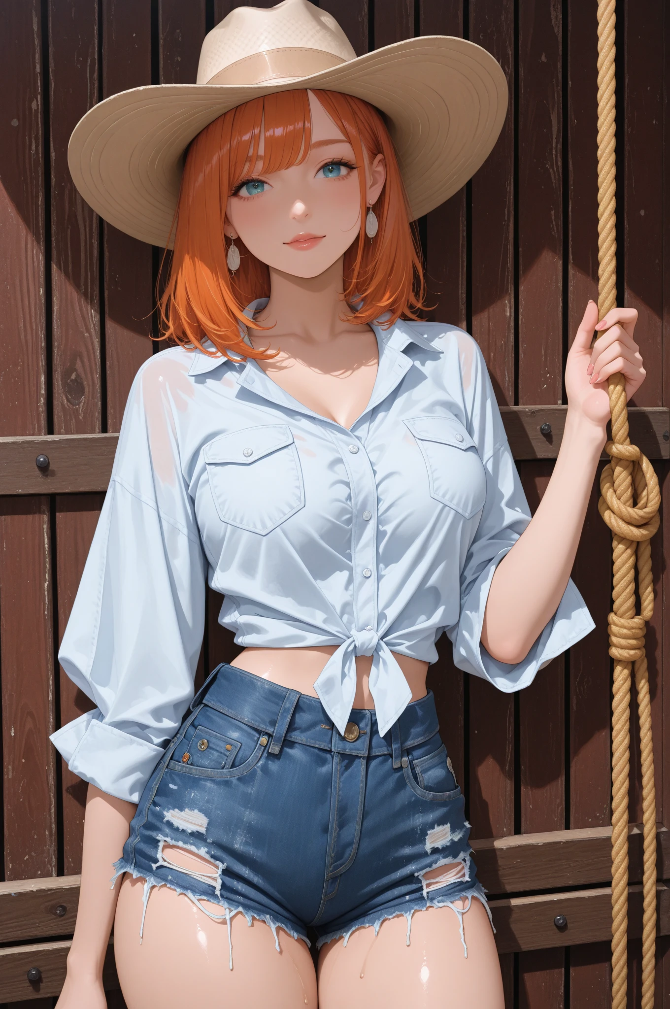 Nordic girl, white skin, medium-short height, medium orange hair, with unruly bangs.  Lively and expressive blue eyes.  Small and dynamic figure.  She was wearing torn shorts, a shirt with a striking gold zipper.  high heels most beautiful woman in the world, busty.
