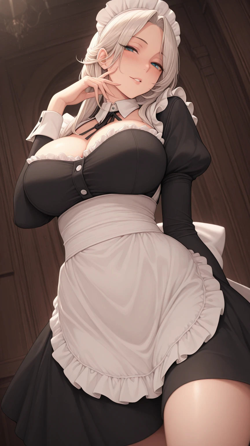 (masterpiece), best quality, Ultra Detailed, Perfect hands, Perfect legs, Delicate eye expression, 1 girl alone,, whole body,maid,Braided hair,Maid costume(Black, mini skirt),maid headdress, skirt lift, at midnight, 客厅Walk廊(hidden, Only candles are glowing), Walk,(High heel),Squint your eyes, Smile, Large Breasts. (((Cleavage)))8k, Ultra Detailed, Fair and aesthetic, high quality, Fair, masterpiece, best quality, Everlasting, Lean over, glowing skin, of mouth, blush, Sexy body, definition, Perfect eyes, blush, Strabismus,(eyes filled with tears, Saliva residue), The hem of the skirt is wet, Brushed, photography, 8k, HDR, high resolution, absurd:1.2, Kodak Portrait 400, Film Grain, Blurred background, Bokeh:1.2, lens flare, (Full of energy_color:1.2),专业photography师