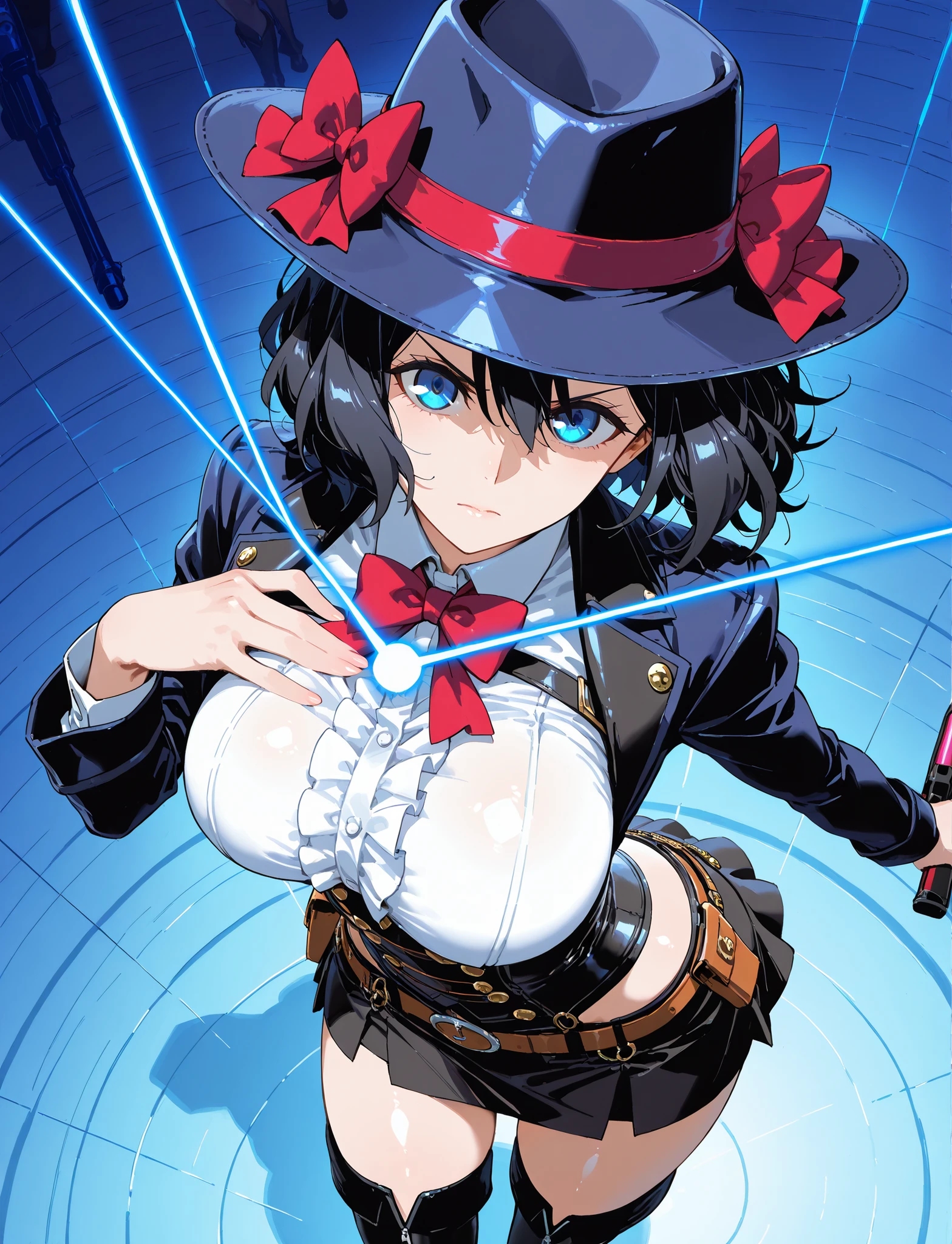 score_9, score_8_up, score_7_up, source_anime, 4K,perfect fingers,(perfect hands, perfect anatomy),prefect lighting, very aesthetic, intricate details,highly detailed background, masterpiece, high quality, best quality, 
tino shade, short hair, blue eyes, black hair, bow, hair bow, red bow, Large Breast,
Cowboy-like woman　(Ride a Very Big Horse)　　western drama　wilderness　Dynamic　Exciting　Sexy Outfits　ten gallon hat　　skirt　White Pannier　Inner color: Ao　Thigh-High Boots　shiny corset　Action Poses, dynamic angle, close-up, from above,Rushing forward　Open your chest beautifully　Shoot a Blue Laser Gun　one big-eyed monster behind a woman