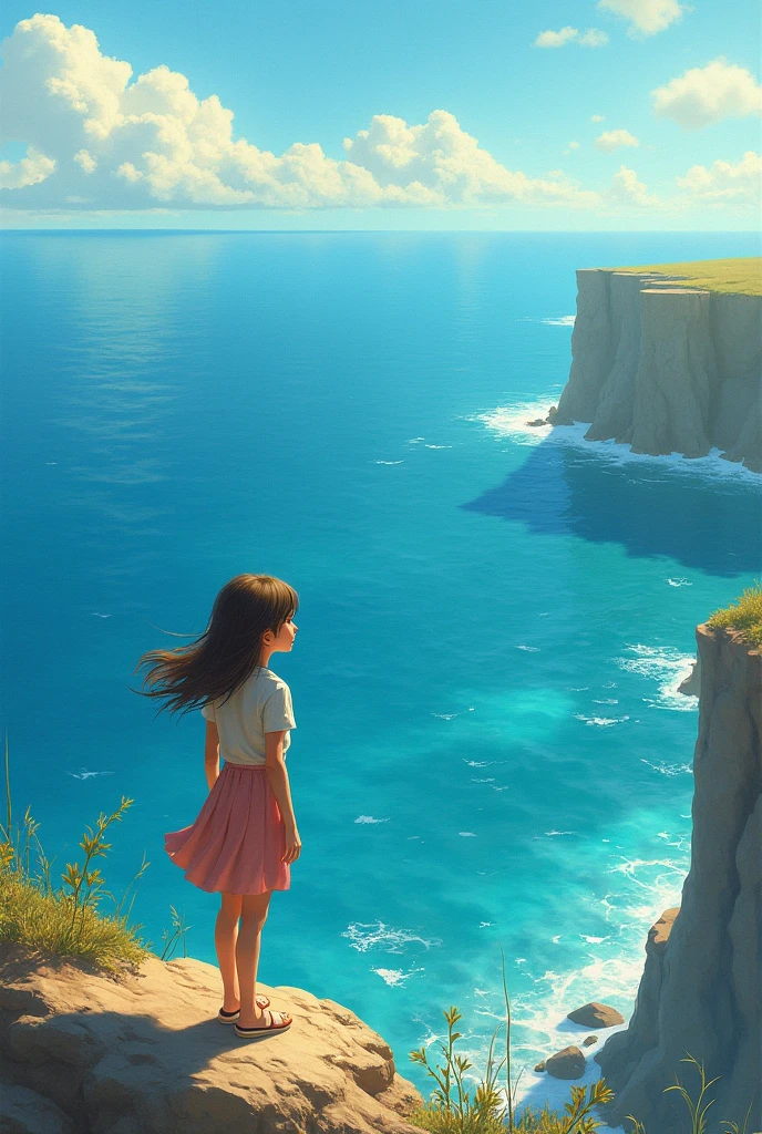 Anime girl sitting on a ledge overlooking the ocean and flowers - SeaArt AI