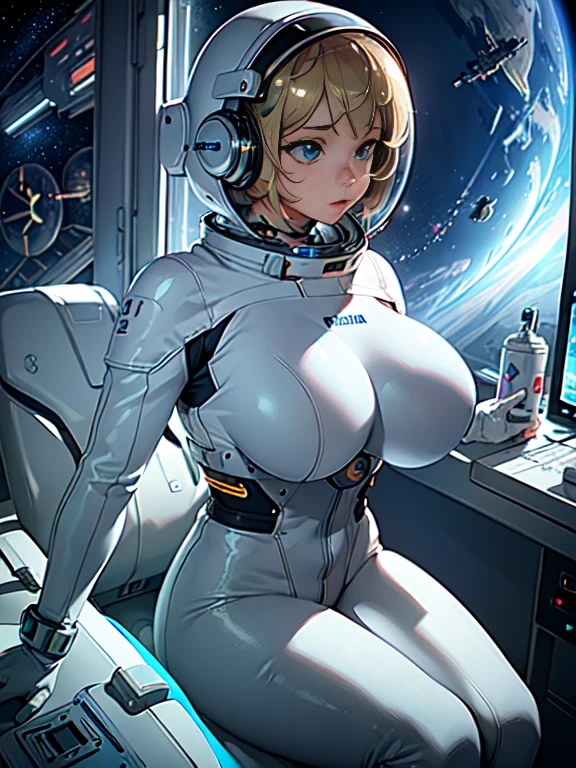 Girl with huge breasts wearing an astronaut suit and helmet with cleavage in space with neon lights